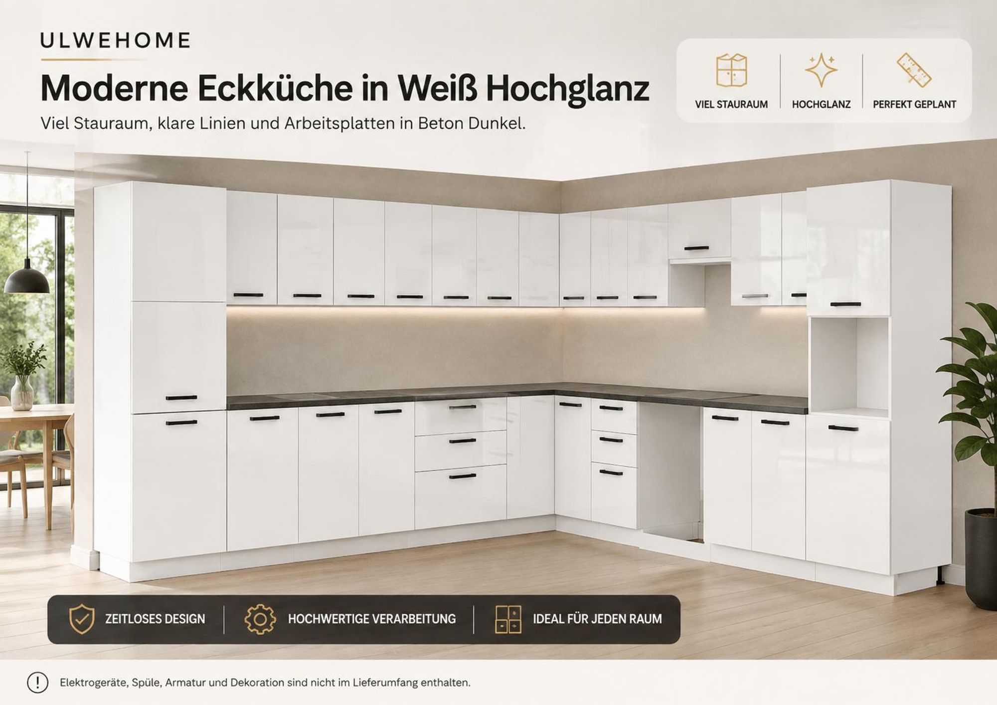 Moderne Eckküche in Weiß Hochglanz mit dunkler Beton-Arbeitsplatte und schwarzen Griffen.