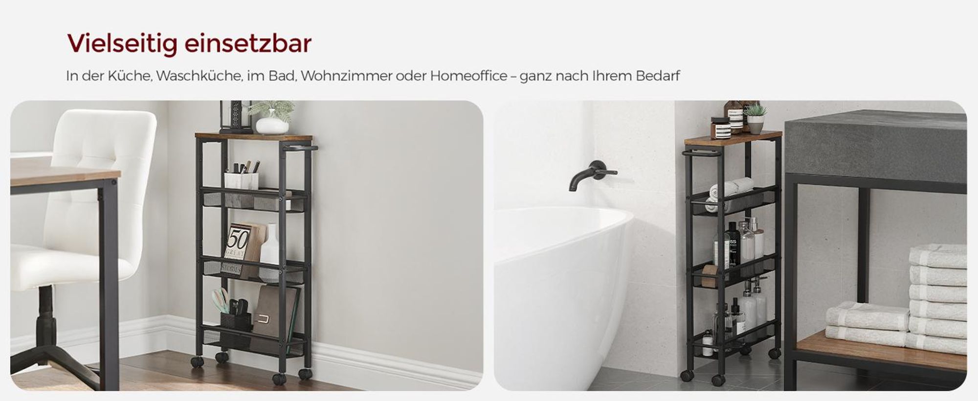 VASAGLE Rollwagen, Nischenregal auf Rollen, mit 4 Ebenen, für kleine Räume, 13cm Tiefe, Schwarz