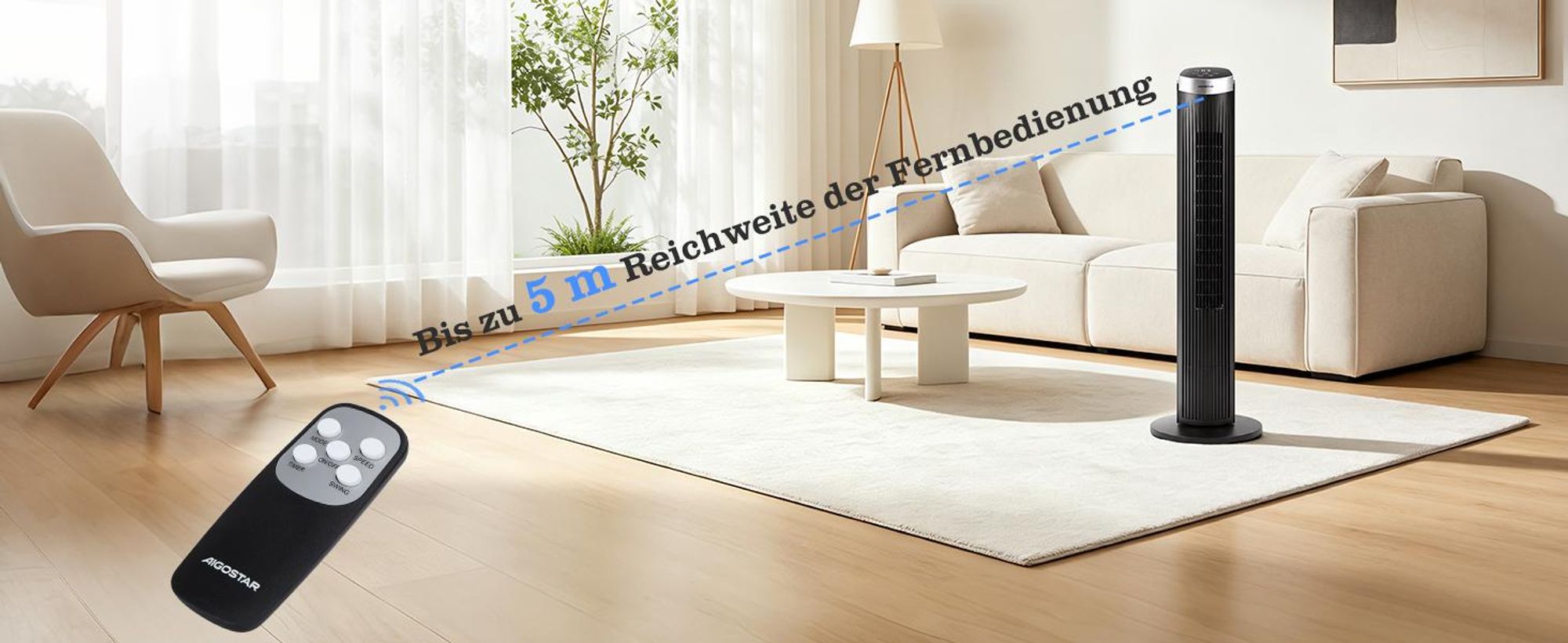 Aigostar - 45W Turmventilator mit Fernbedienung, 4 Modi, 3 Geschwindigkeiten, 12H Timer, 65 °Oszillation