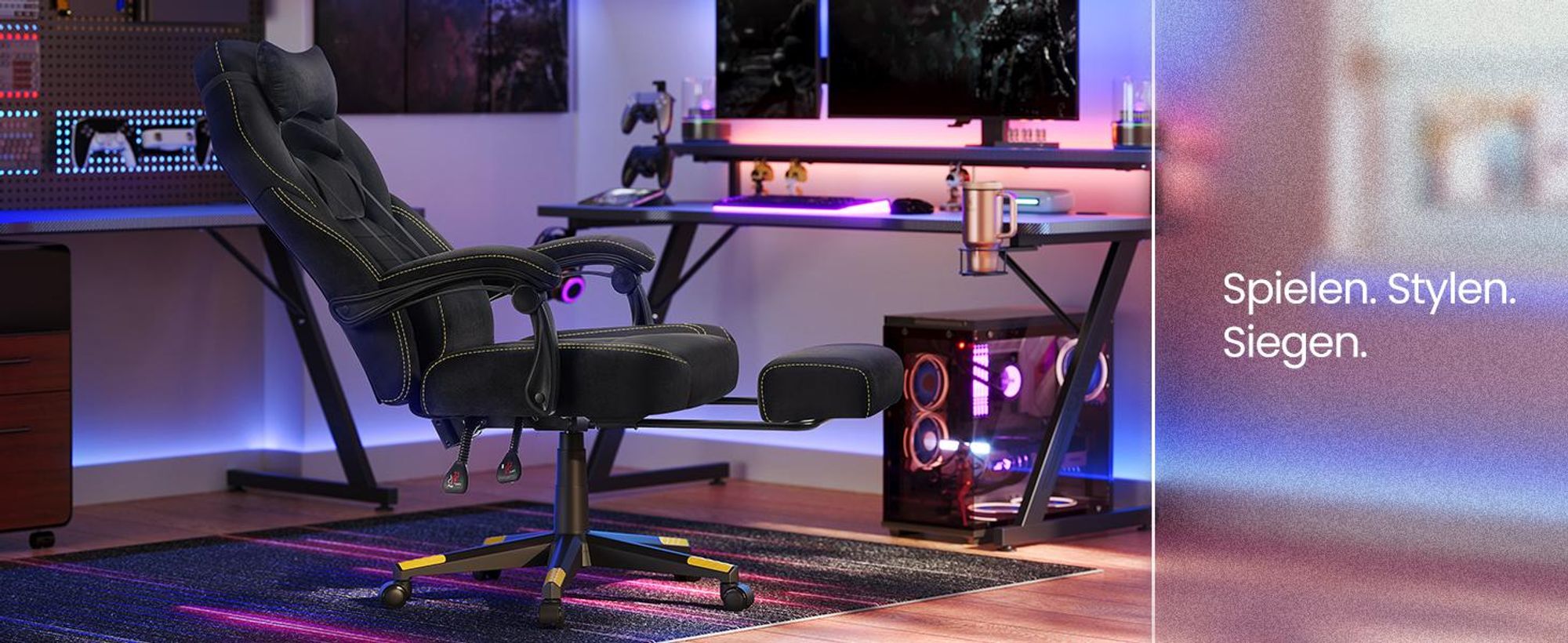 Gaming-Stuhl, ergonomischer Computerstuhl, Bürostuhl, mit Fußstütze, Kopfkissen, Lendenkissen, Oberfläche aus Samt