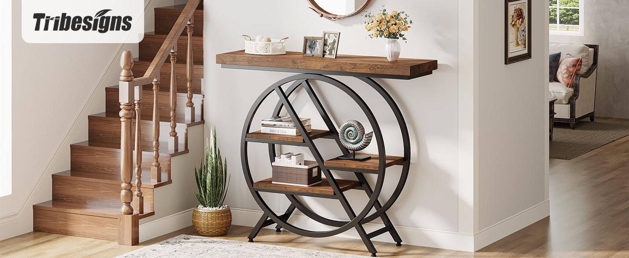 LITTLE TREE Konsolentisch, 100 cm Eingangstisch mit verdickter Tischplatte, industrieller 4-stöckiger Flur Sofatisch mit geometrischem Metallrahmen