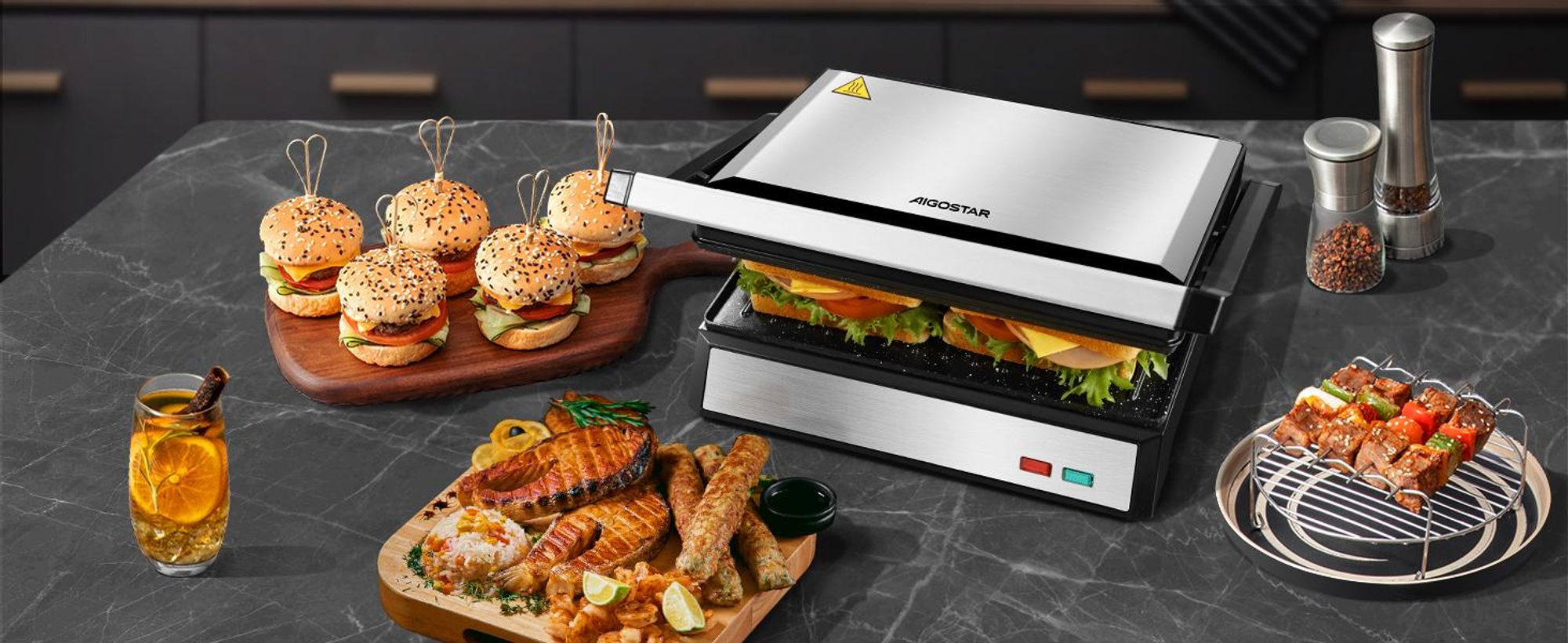 Aigostar - Paninigrill Kontaktgrill für Sandwiches, Panini Grill, Sandwichmaker, BPA frei , 1500W , Schnelles und gleichmäßiges Erhitzen, 180° Öffnung