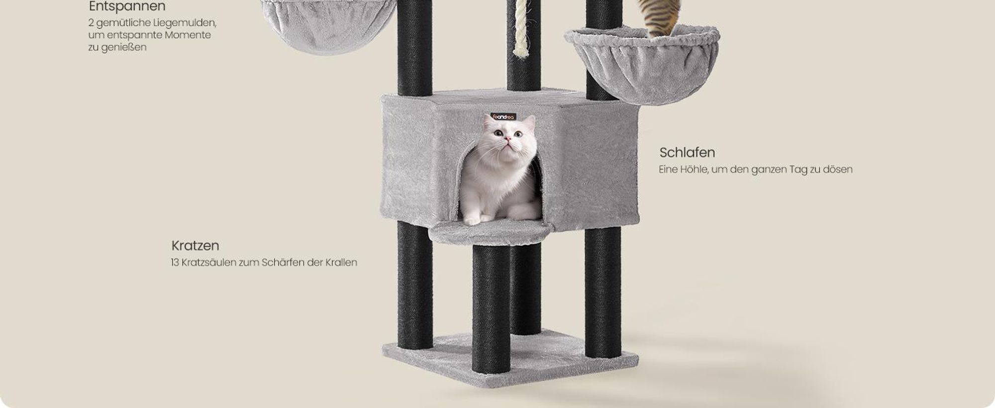 FEANDREA Kratzbaum 186 cm, Katzenbaum für große katzen, 13 dicken Säulen (11 cm d), stabil, Kippschutz, Tintenschwarz