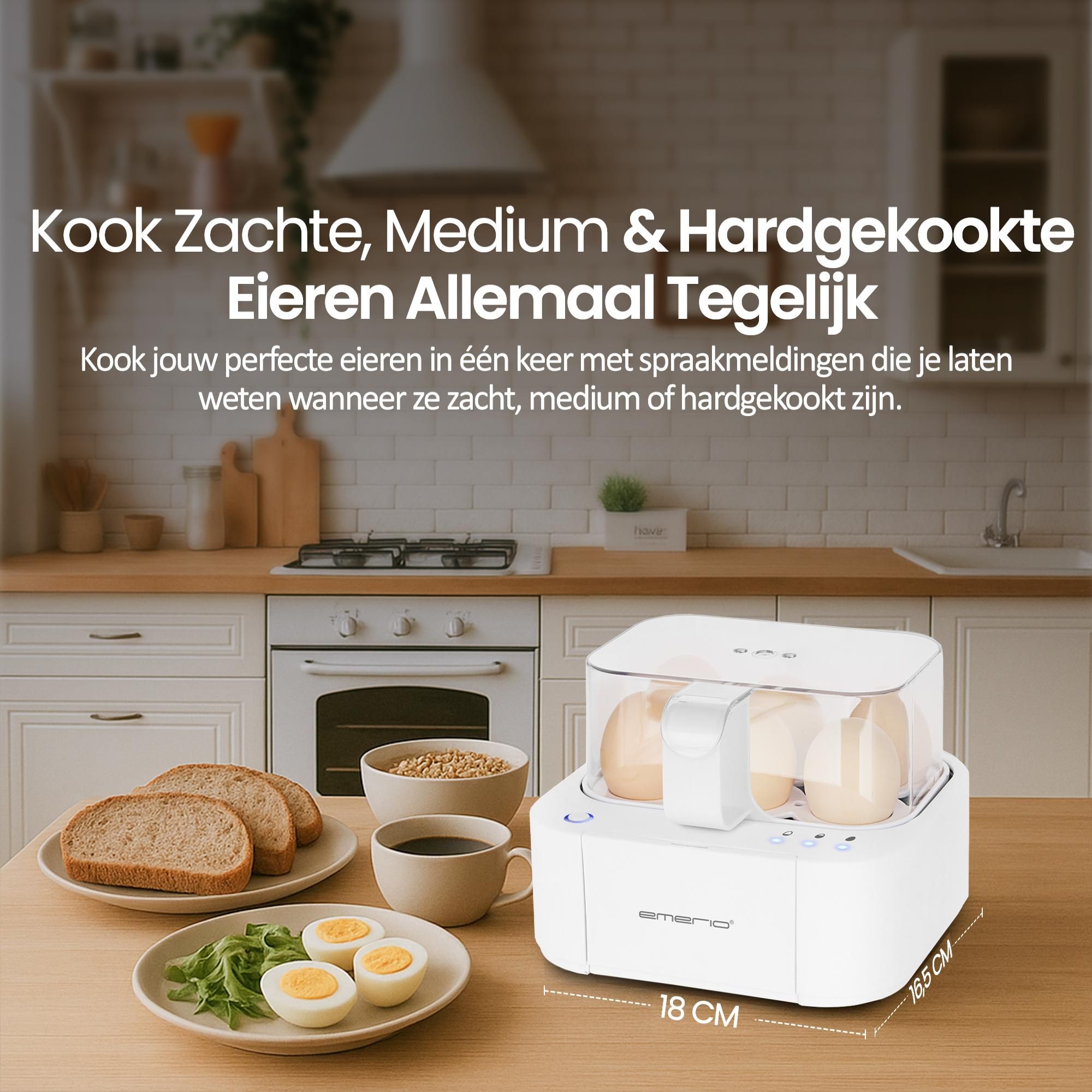 Emerio Smart Eierkoker EB-115560.14 – 6 Eieren – 400 W – Spraakfunctie – Zacht, Medium & Hard – Inclusief Maatbeker