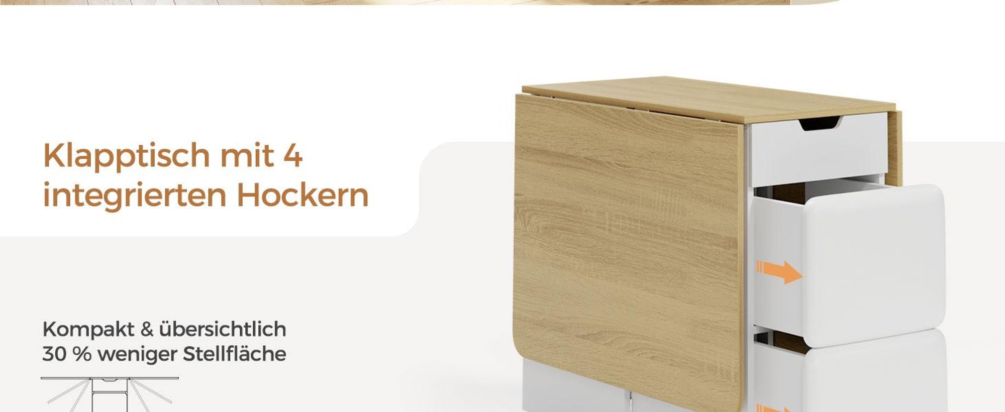 Mondeer Klapp-Essgruppe mit 4 Hockern Platzsparend, Rollen, 2 Schubladen & Ablageflächen Eiche und Weiß