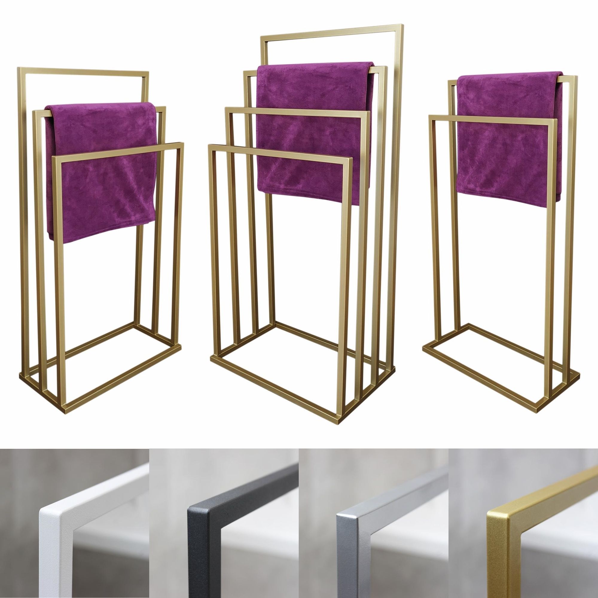 HMP Handtuchständer freistehend 3 Stangen Exklusiv – Handtuchhalter aus einem Stück, 100% Metall gold Glanz, Glamour Badezimmer