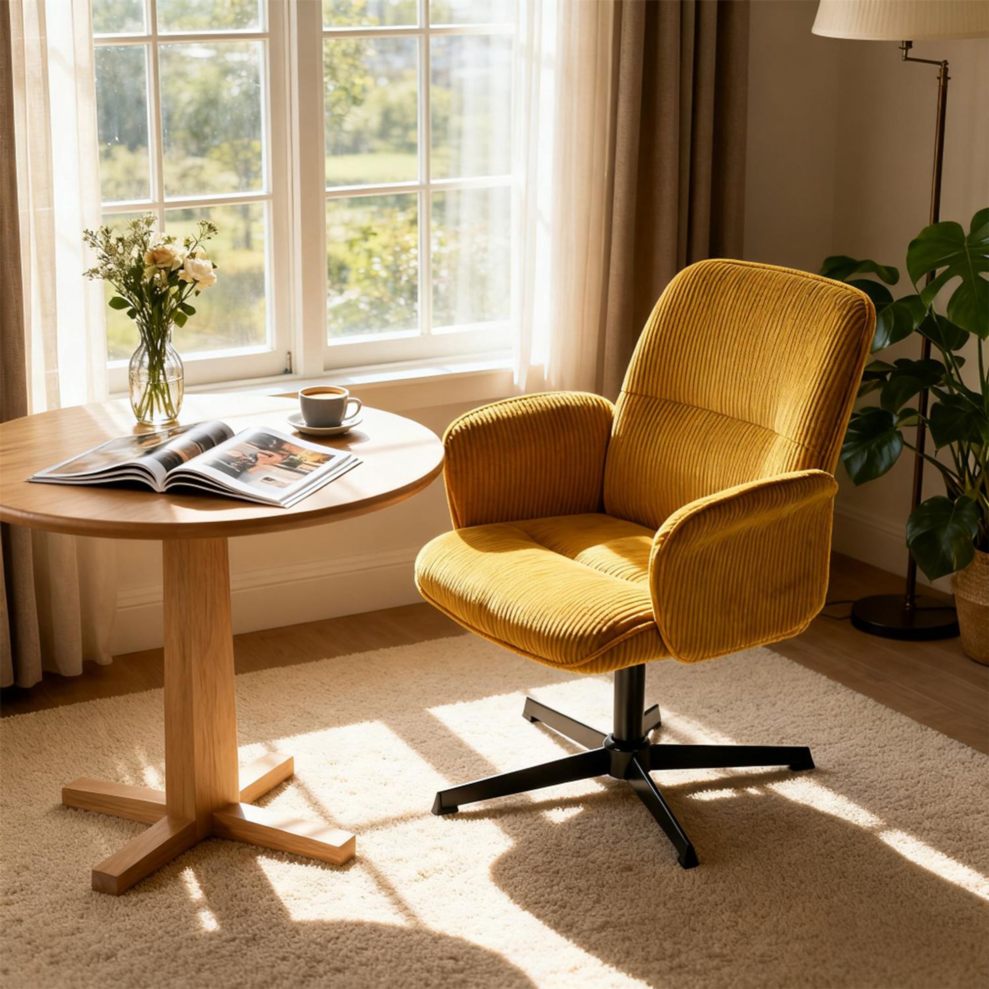 Meubles Cosy Ergonomischer verstellbarer Drehstuhl mit Armlehnen aus gelbem Cord – THOMASINA