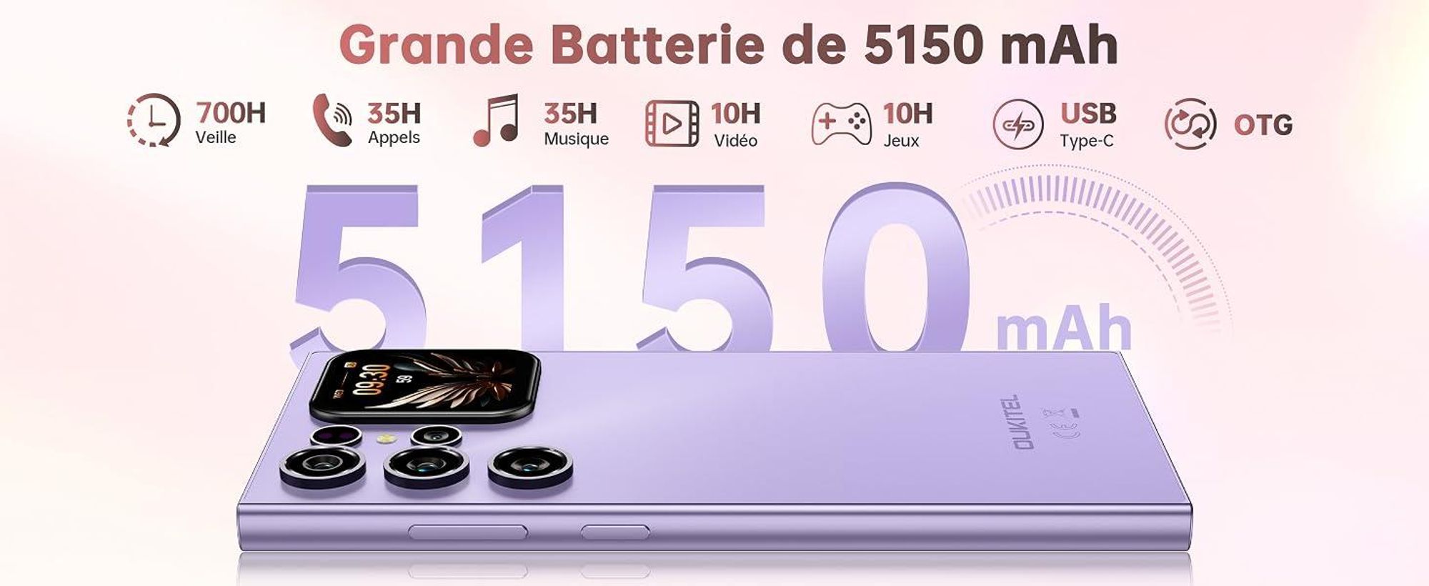 OUKITEL C62 Smartphone Android 15, Téléphone Portable 16 Go RAM (4+12) + 128 Go, Écrans 6,88" et 1,81", Batterie 5150 mAh, GPS/OTG, Noir