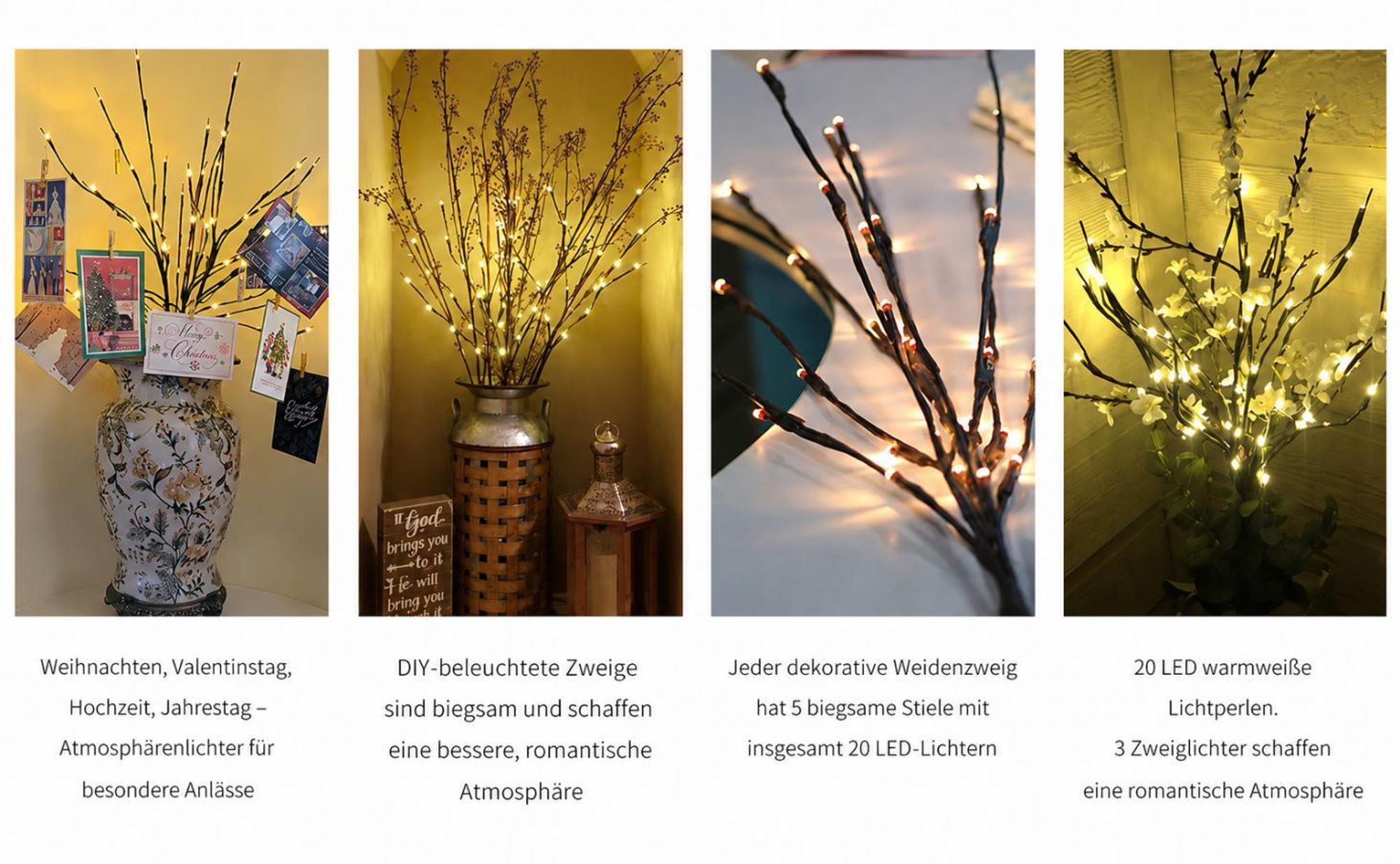 3er Set LED Dekolampe, Lichtzweige Warmweiß, Tischdeko Batteriebetrieben, Dekolicht für Schlafzimmer Wohnzimmer, Party Weihnachten, Vase Lichtdeko