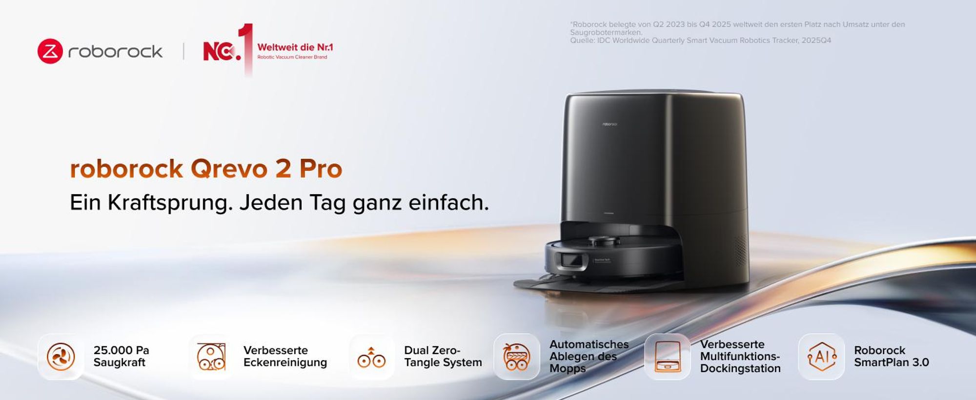 roborock Qrevo 2 Pro Set Saugroboter, 25.000 Pa Saugkraft, Anti-Tangle-System, 75°C Heißwasser-Moppwäsche, FlexiArm-Kantenwischsystem, Schwarz
