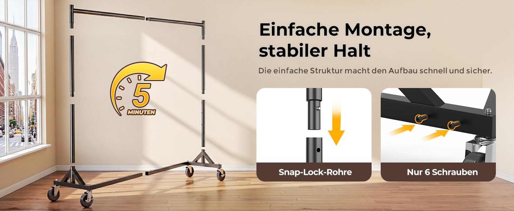 HOKEEPER Kommerzieller Kleiderständer mit Z-Ständer, Tragkraft 182 kg, robuster Kleiderstange auf Rollen, schwarz