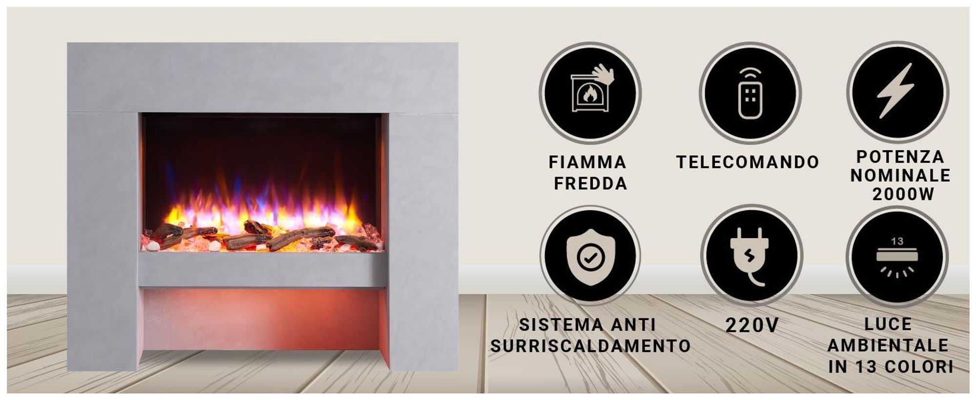 Caminetto elettrico BALDERIA Naran - Caminetto a libera installazione - Colore grigio cemento