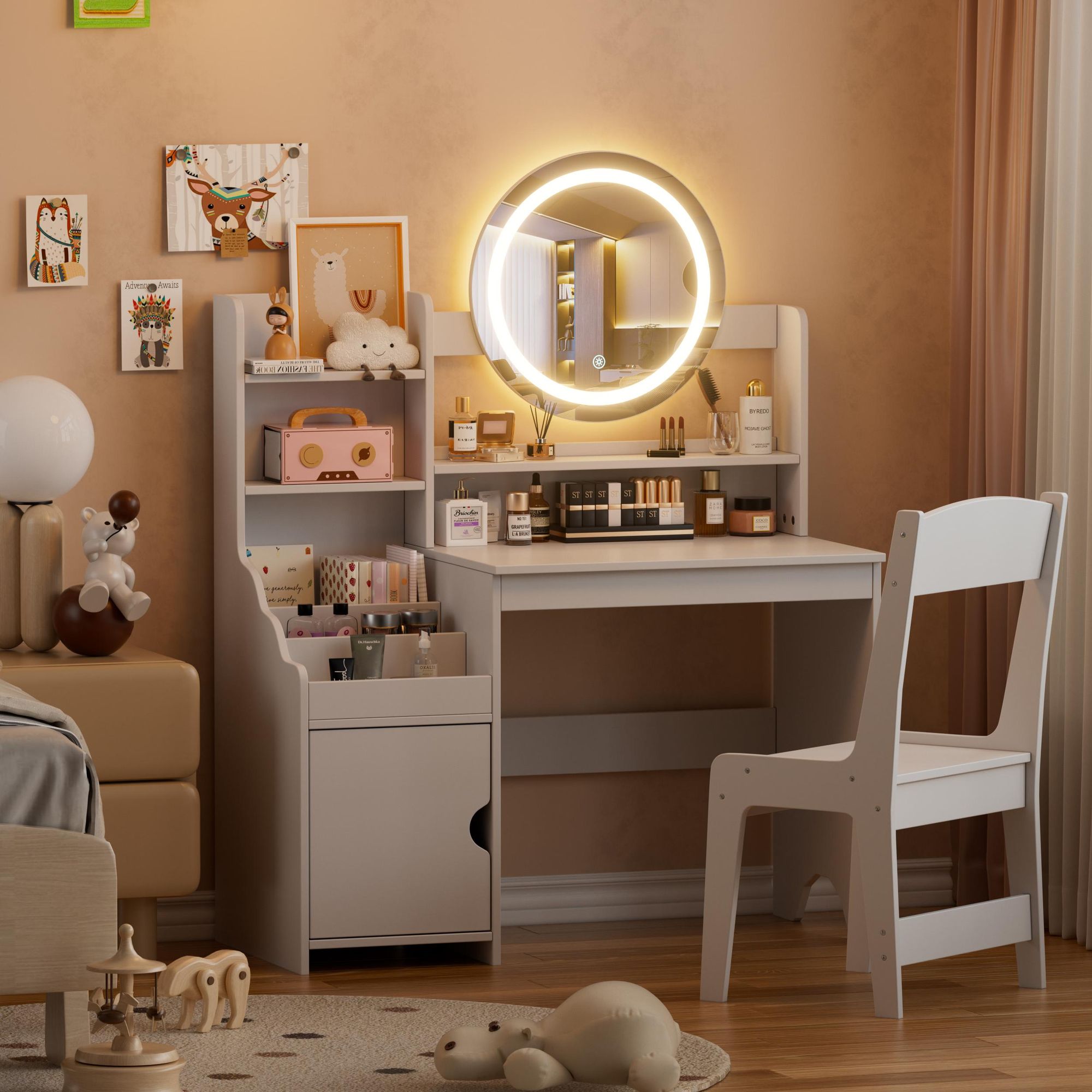 TWSOUL Schminktisch 2-in-1 Kinderschminktisch mit Hocker Frisiertisch für Mädchen aus Holz mit LED-Spiegel, weiß