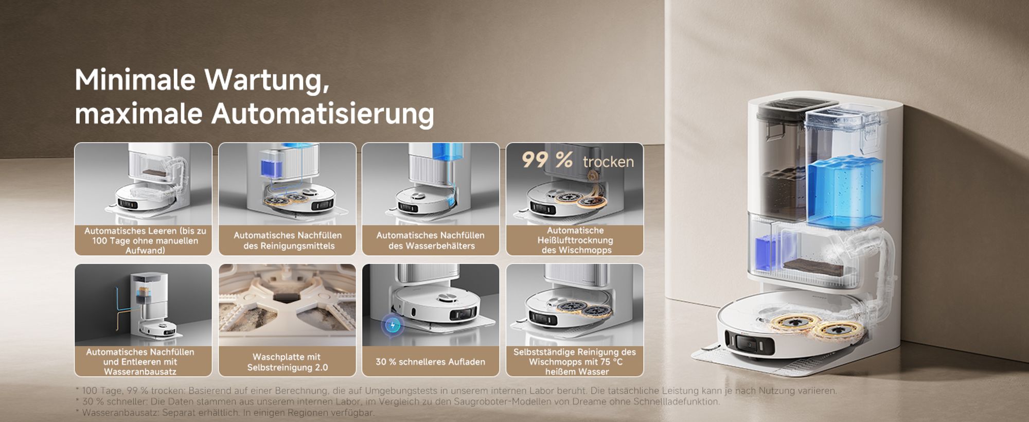 Dreame L40 Ultra AE Roboterstaubsauger mit Wischfunktion 2in1, 19000 Pa Saugleistung, 75 °C Selbstreinigung, Anti-Tangle, Dual-Line-Laser, Weiß