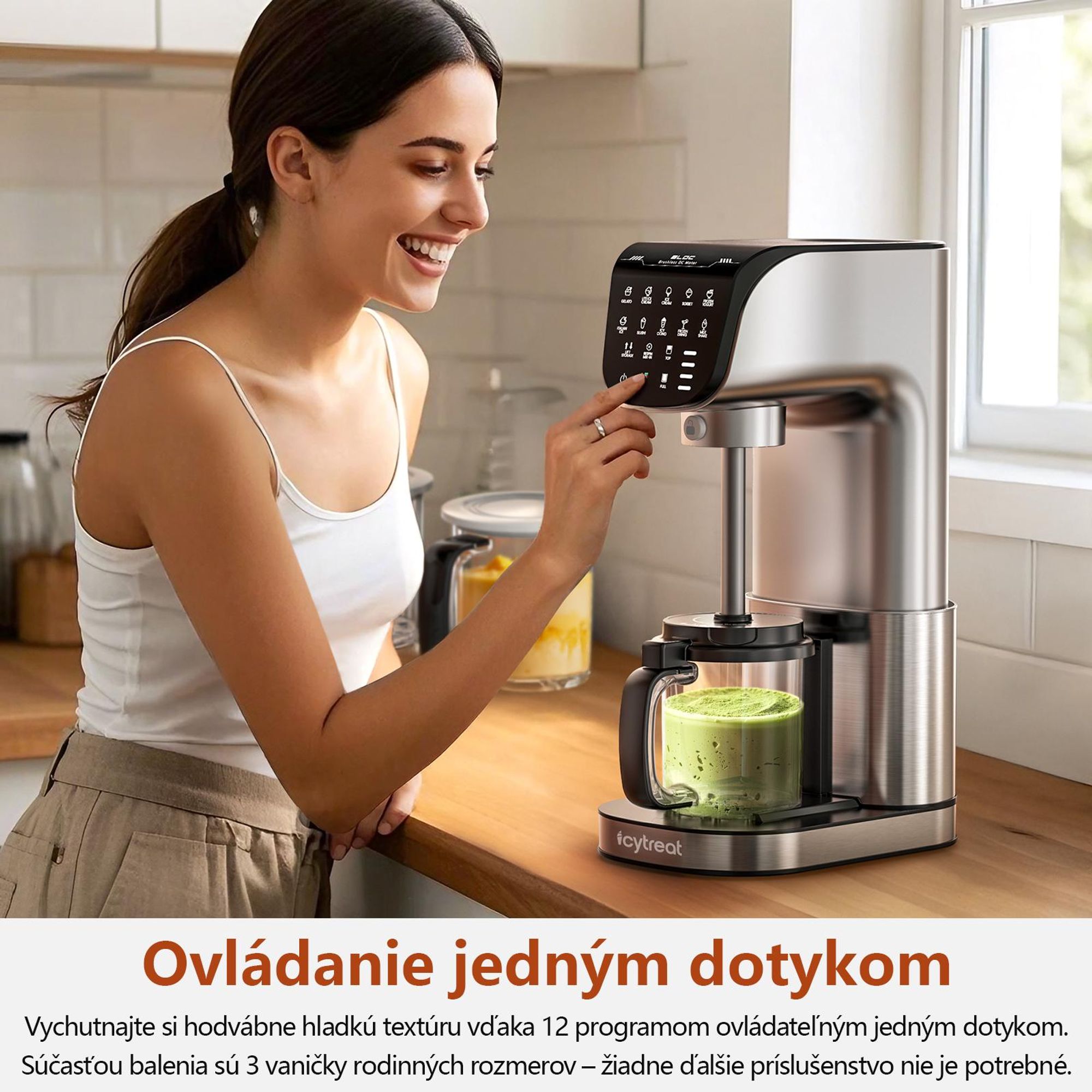 Výrobník zmrzliny IcyTreat IC-1010 EU – CE – Plne automatický, kryt z nehrdzavejúcej ocele – Vybavený 3 nádobami a 12 programami – Strieb