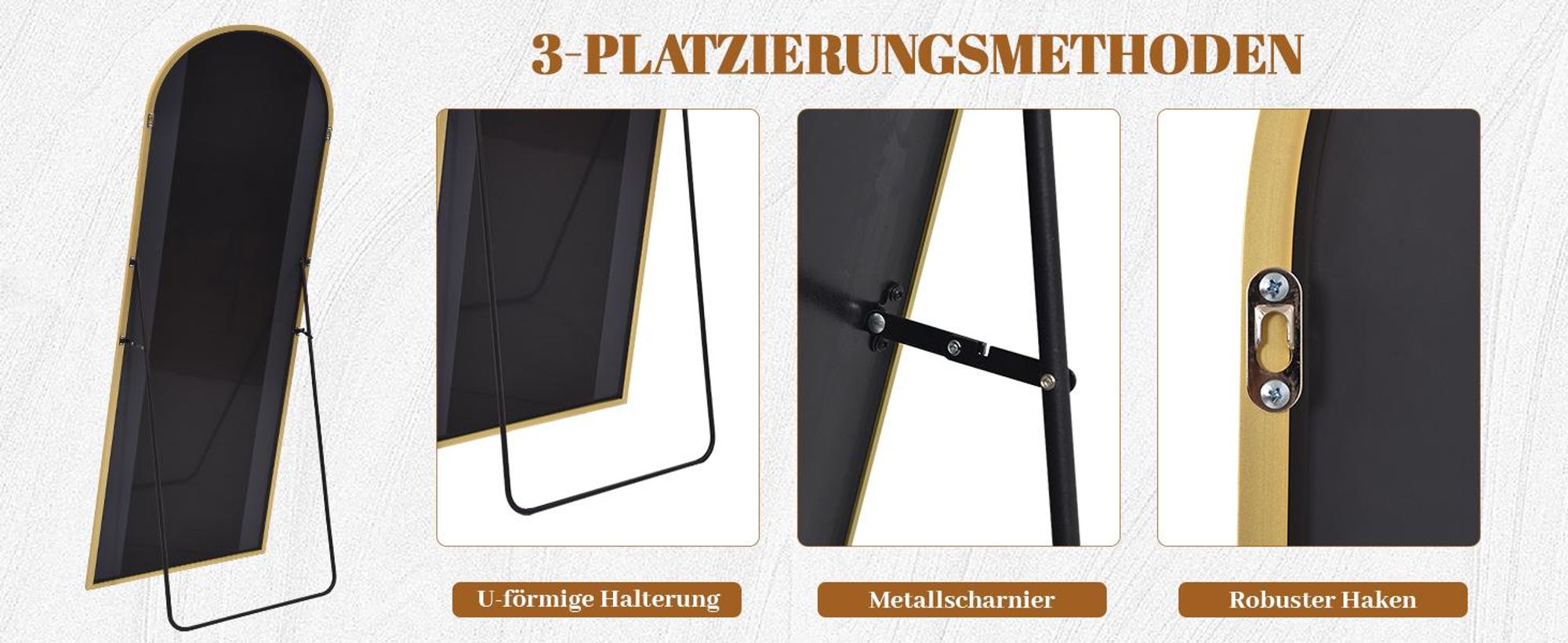 Koonmi Bogen Ganzkörperspiegel, 76 x 170 cm Gewölbter Standspiegel Groß in voller Länge, an der Wand montiert, lehnend, Gold