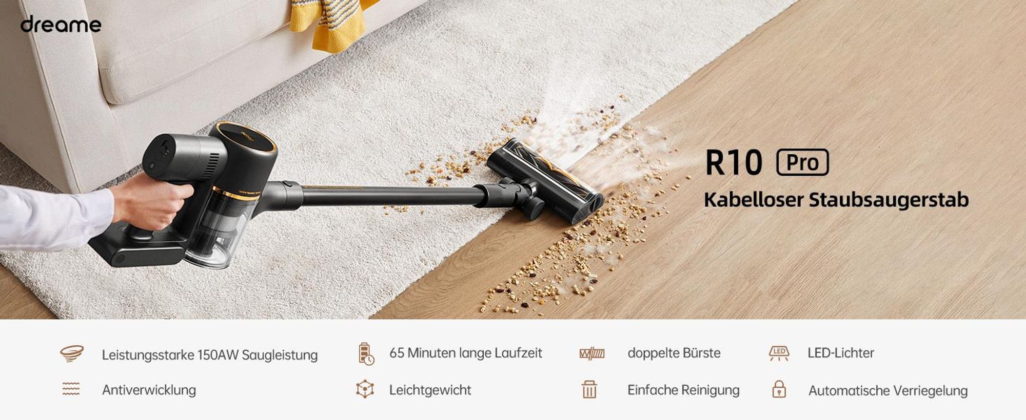 Dreame R10 Pro Akku-Staubsauger,150AW Starke Saugleistung,0-Tangle Handstaubsauger,65Min,Mehrflächenbürste,LED-Lichter,für Haus- und Autoreinigung