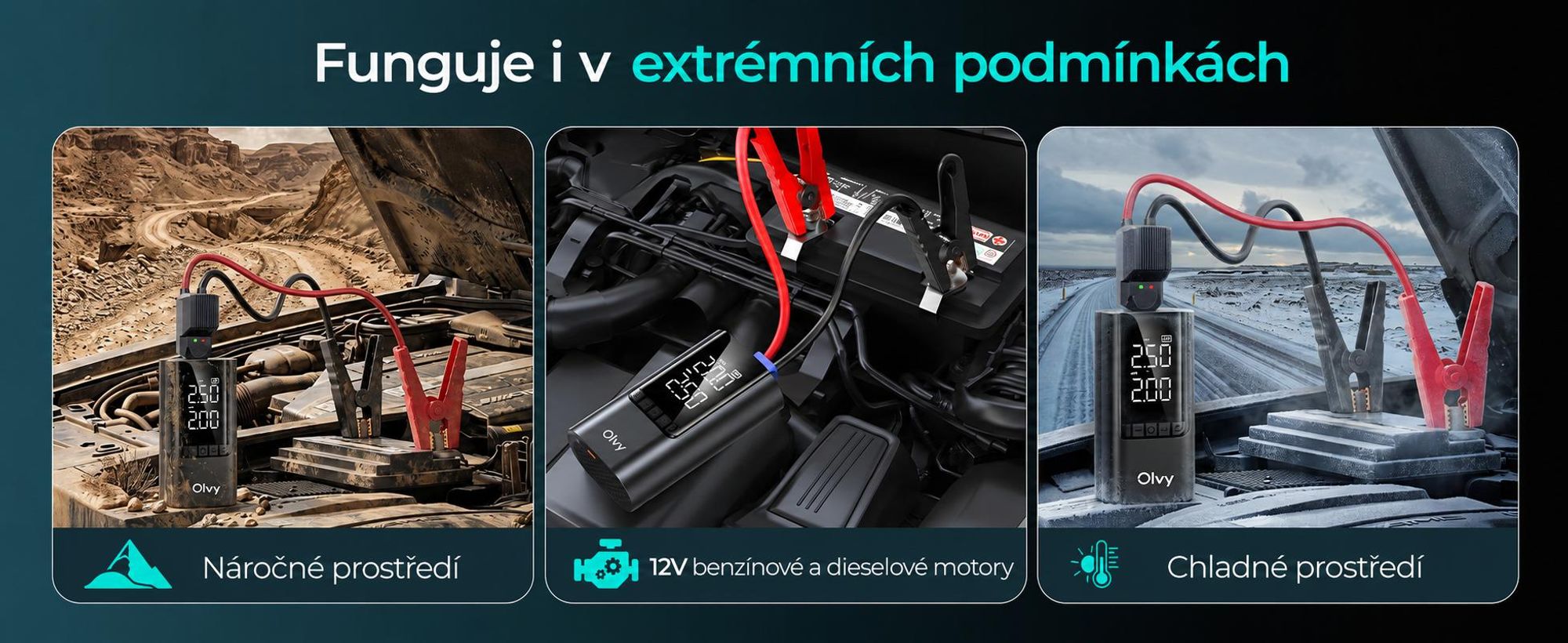 Startovací powerbanka Olvy s kompresorem 6000A - startovací zařízení pro 12V benzín/naftu, LED světlo, startovací zařízení, powerbanka, posilovač autobaterie, 12000mAh