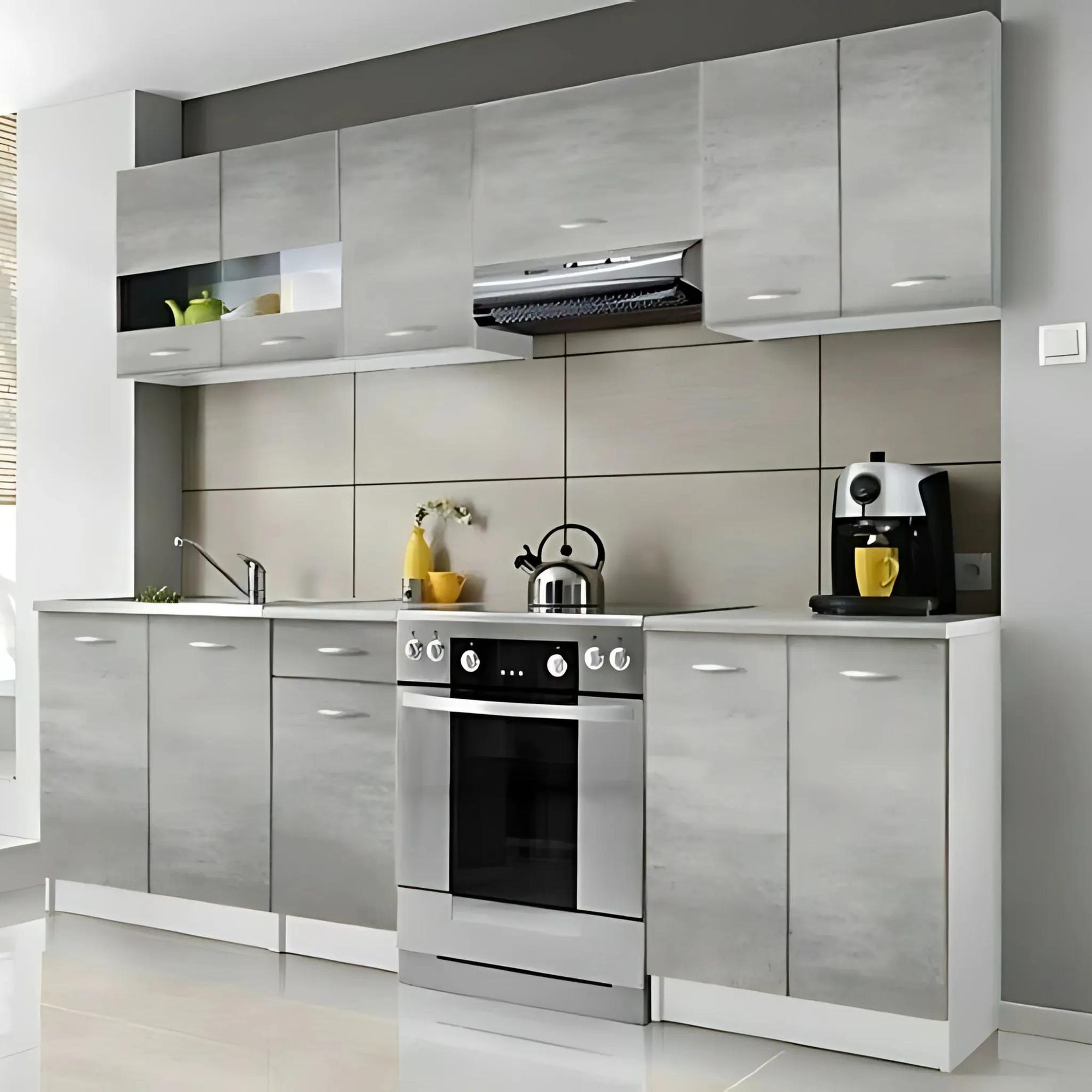 Roe Furniture Küchenzeile 240 cm, Betonoptik Grau. Wohnbeispiel ohne Elektrogeräte.