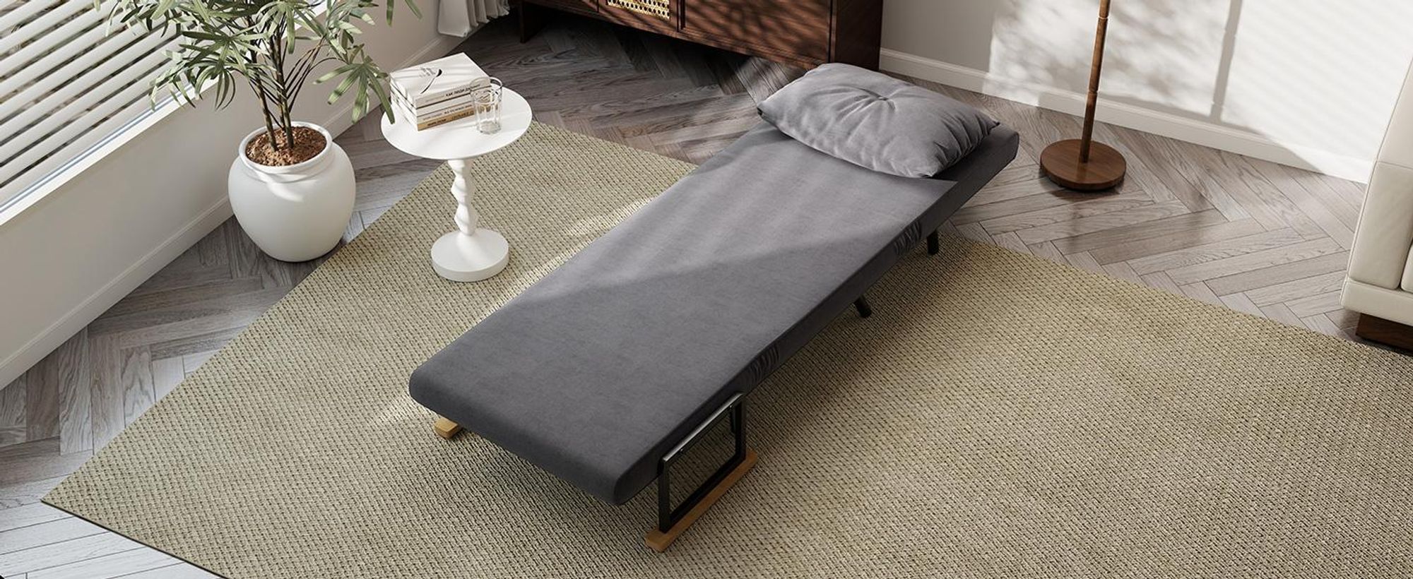 Sofa rozkładana HOMCOM 4 w 1, 2-osobowa z funkcją spania, 183 x 63 cm, rozkładana z 5-stopniową regulacją oparcia, podłokietnikiem, poduszką lędźwiową, welurowy wygląd do salonu, ciemnoszary