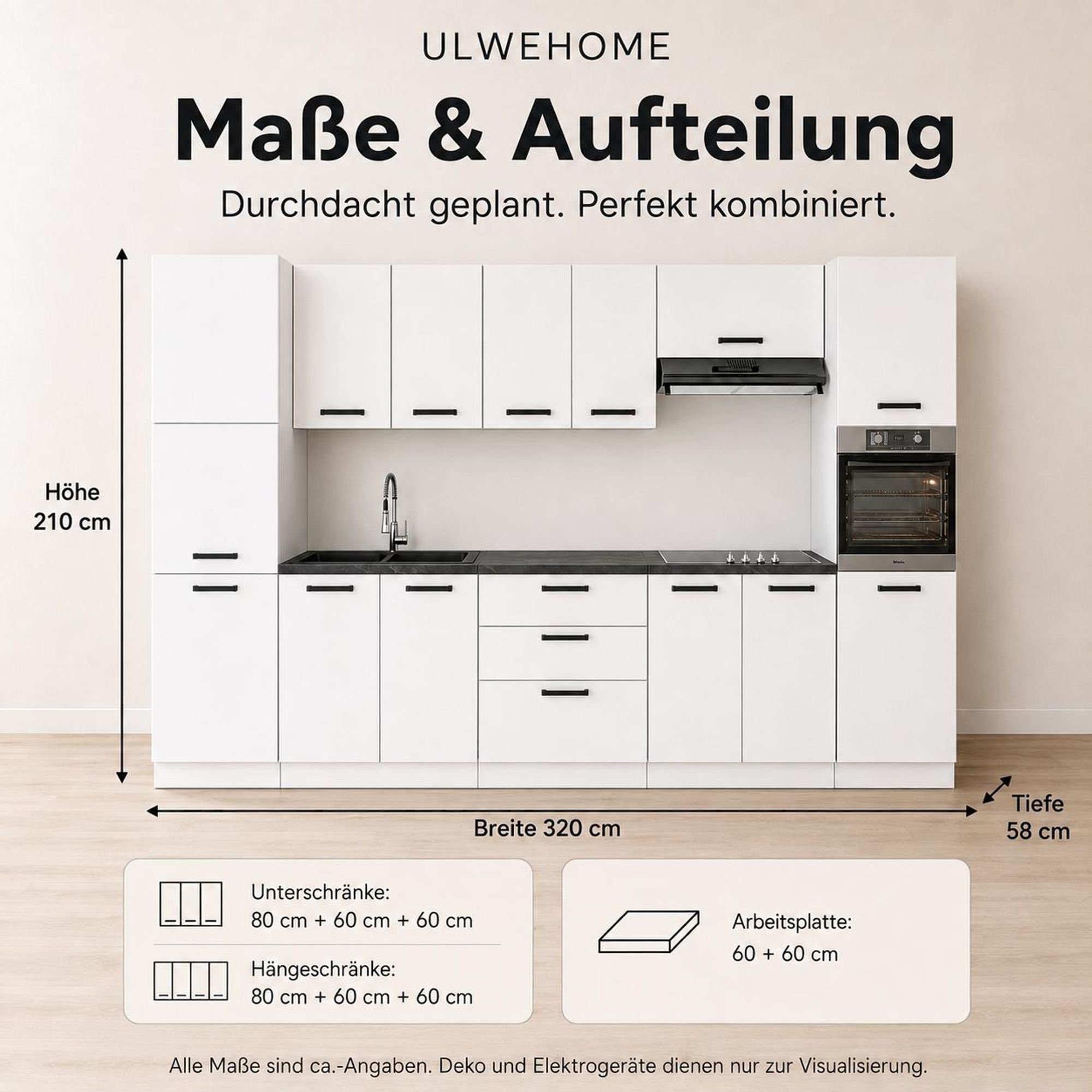 Küchenzeile 320 cm Weiß matt: Abmessungen, Maße & Schrankaufteilung
