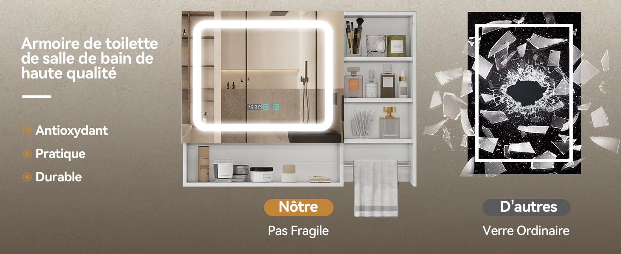 Puluomis armoire de toilette salle de bain 80cm avec 3 couleurs d'éclairage variable, horloge digitale, porte-serviettes, anti-buée armoire de salle de bain murale blanche