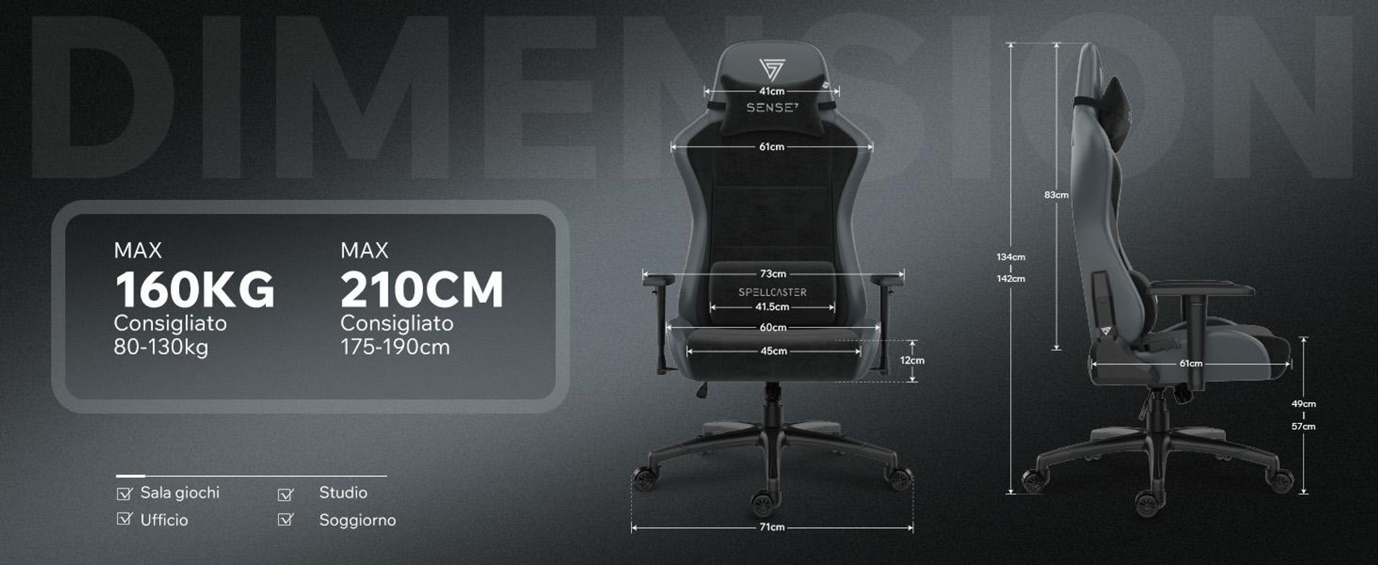 SENSE7 Spellcaster FUKU XL Sedia da gaming in Alcantara nera - Sedia da ufficio ergonomica per persone di corporatura robusta, 160 kg, imbottitura in schiuma a freddo, seduta ampia
