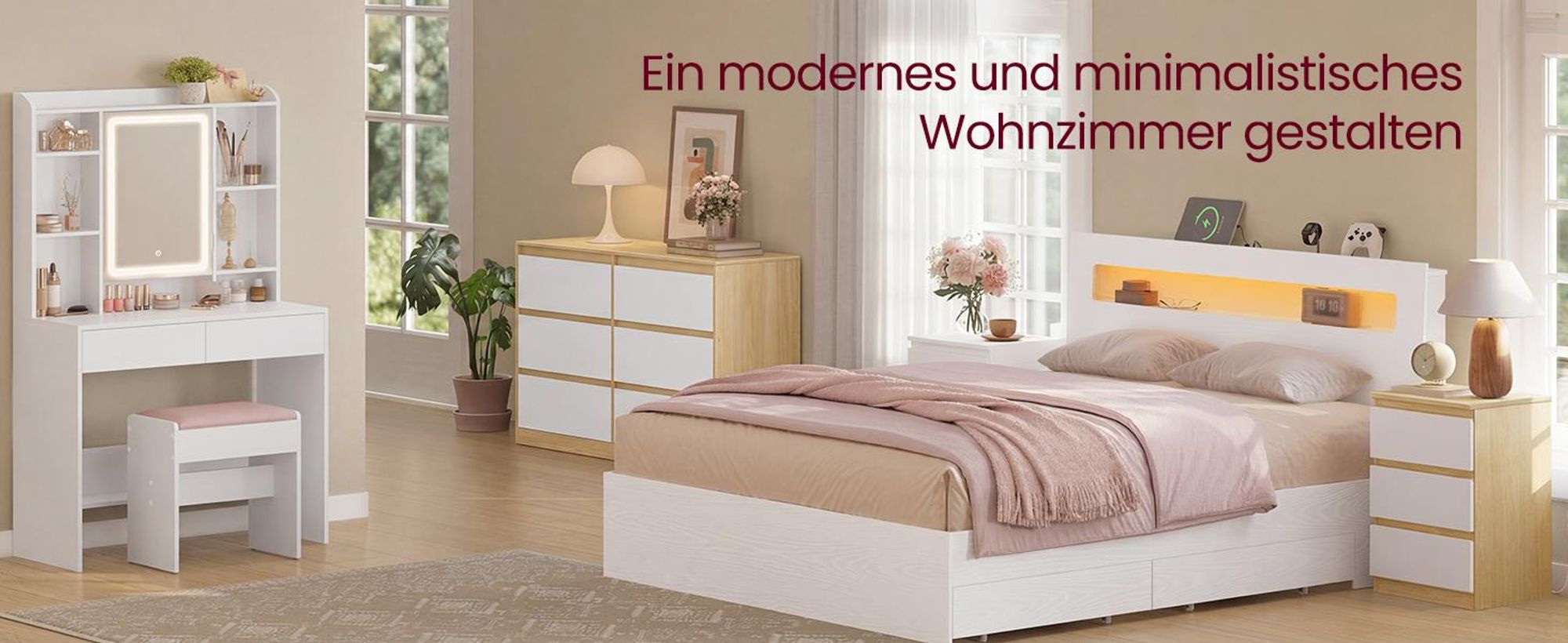 VASAGLE Kommode mit 6 Schubladen Modernes Sideboard für Schlafzimmer 119,4 x 40 x 75 cm Mandelgelb und Weiß