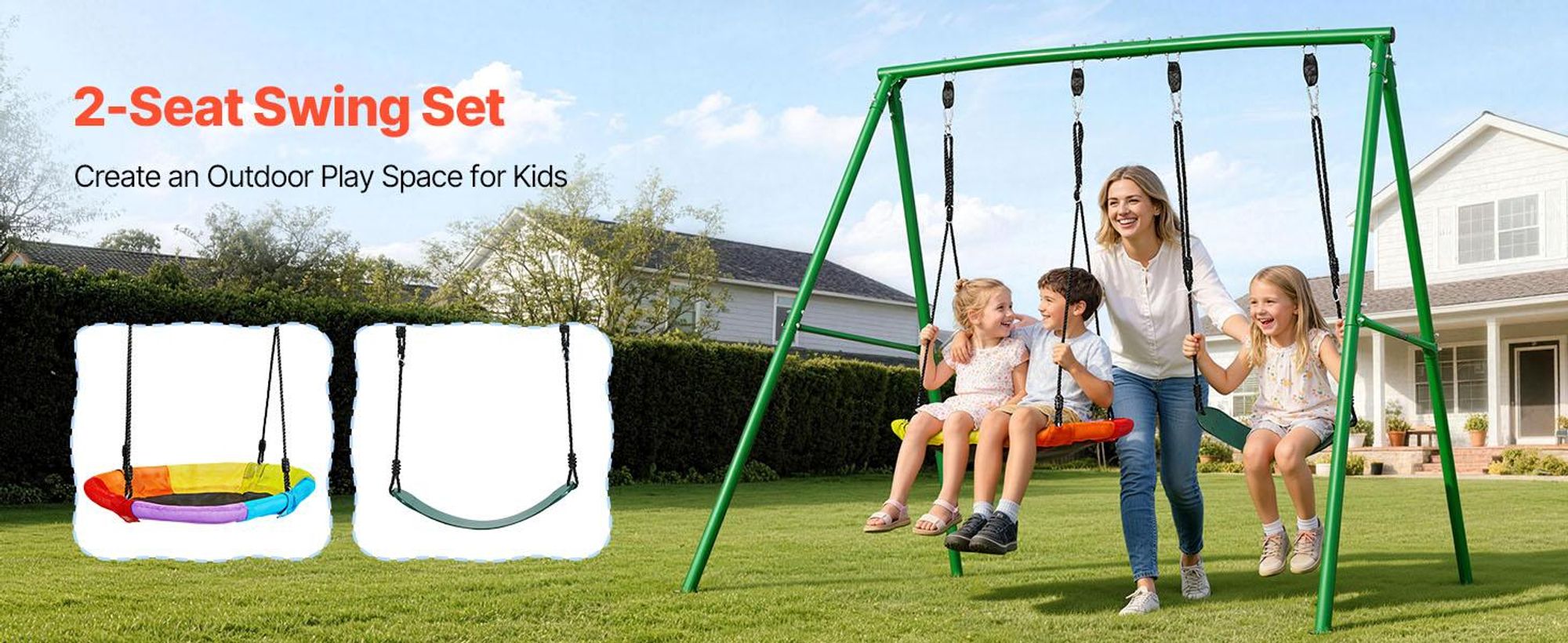 VEVOR Schaukeln für den Garten, 200 kg Tragfähigkeit Schaukelsystem, 40" Teller-Schaukel mit robustem A-Rahmen aus Metall und verstellbarem Seil, einfach zu montieren, Außenschaukel für Kinder, 2-Personen-Sitz-a, Tellerschaukel+Gurtschaukel