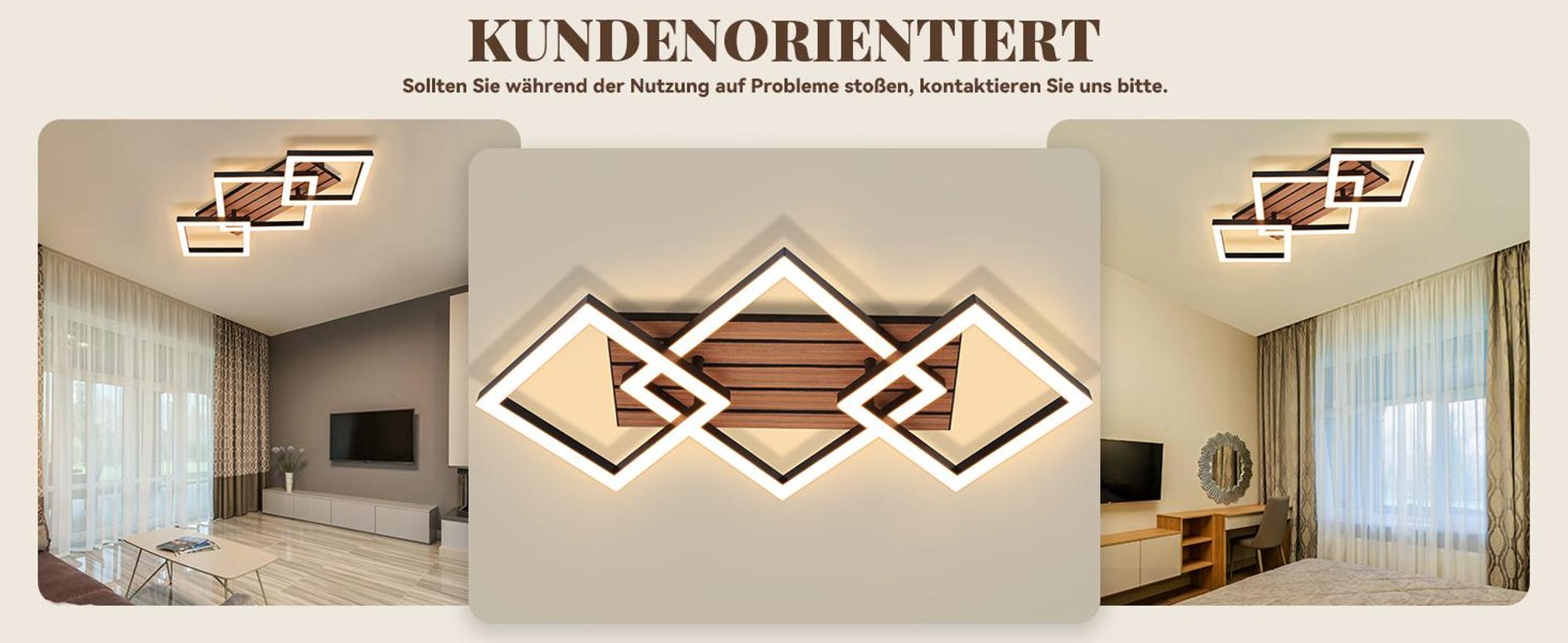 ZMH LED Deckenleuchte 58CM Schlafzimmer Deckenlampe Wohnzimmerlampe 3000K Eckig Wohnzimmer Holzoptik Küchenlampe für Esszimmer Arbeitszimmer Schwarz