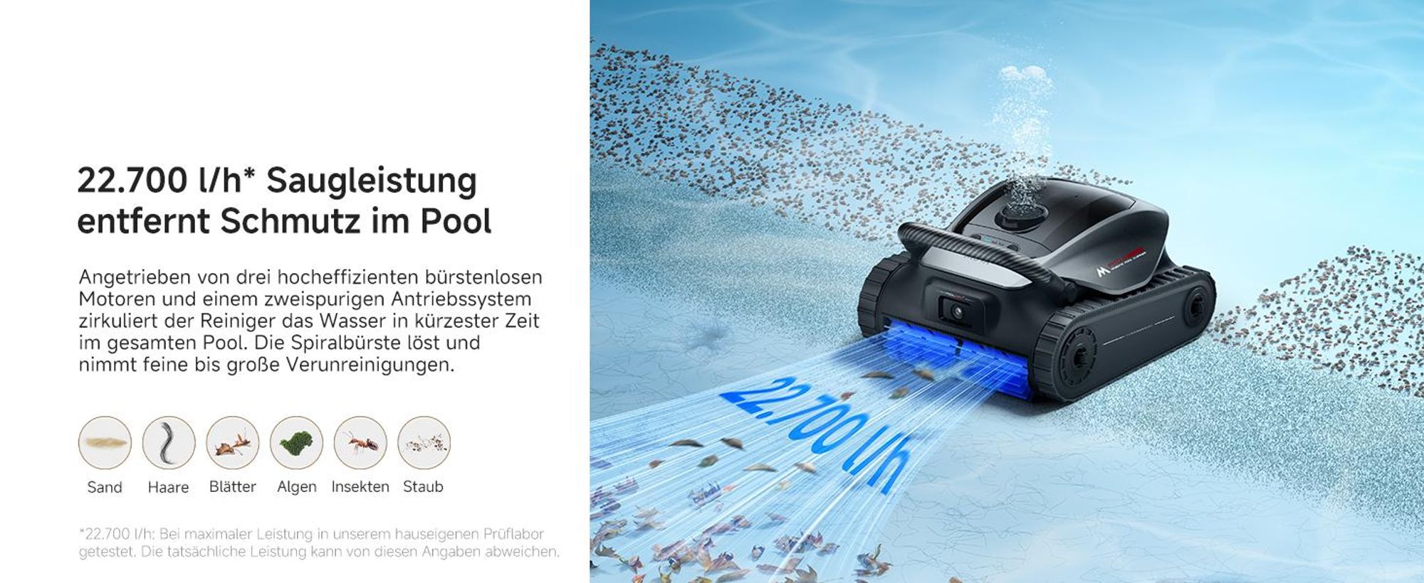 MOVA Diver A10 – Intelligenter Poolroboter, 22 700 L/h Saugleistung, 240 min Laufzeit, Doppel-Bürste, 8 IA-Modi