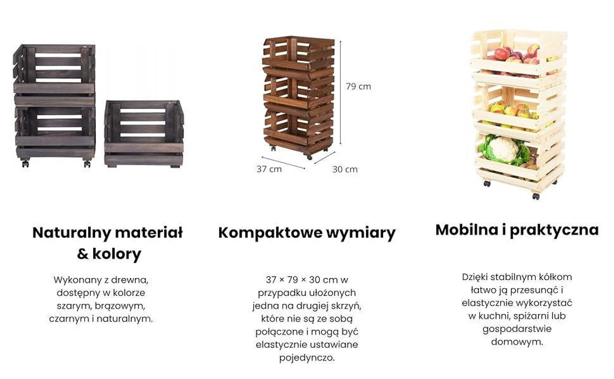 STOLMAK Drewniana Skrzynka na Owoce na Kółkach 37x79x30 cm Regał na Warzywa i Ziemniaki 3 Poziomy Czarna