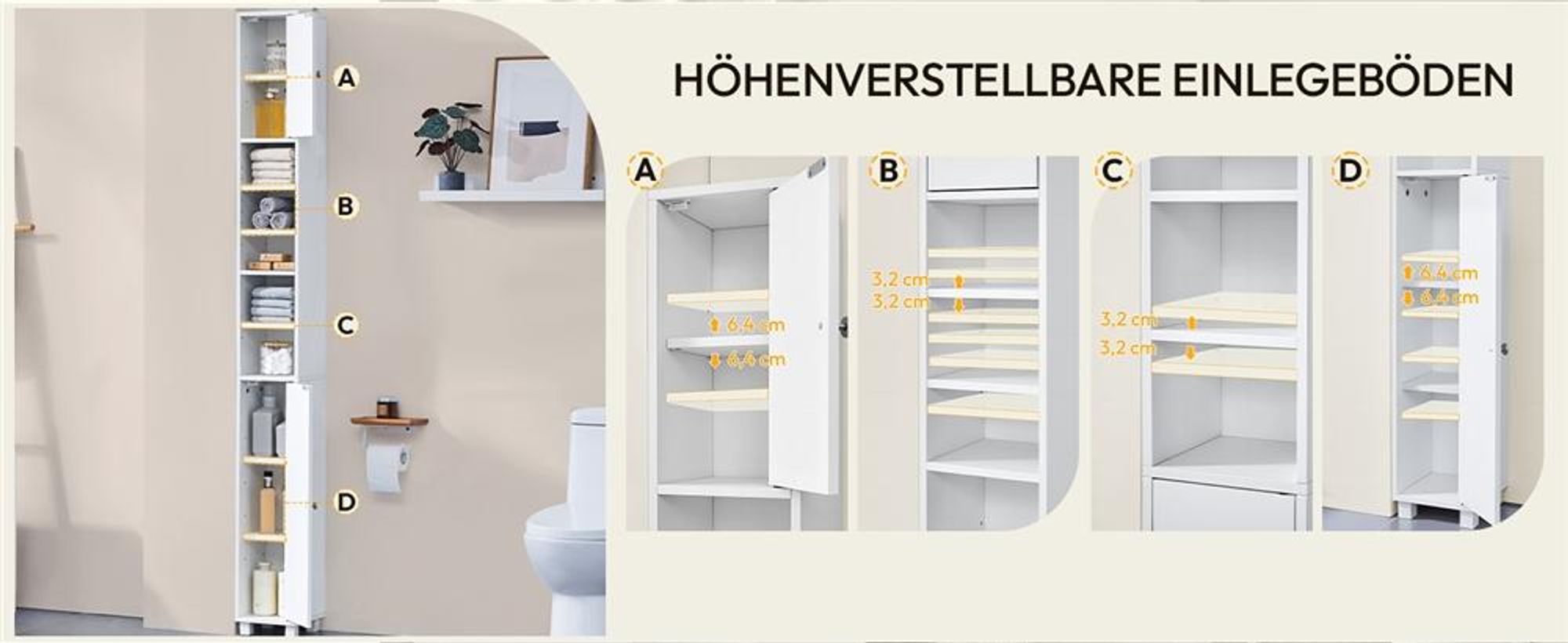 Yaheetech Badezimmerschrank, 20 cm schmaler Badschrank, 180 cm Hochschrank, 10 Fächer, verstellbare Ablagen, Weiß