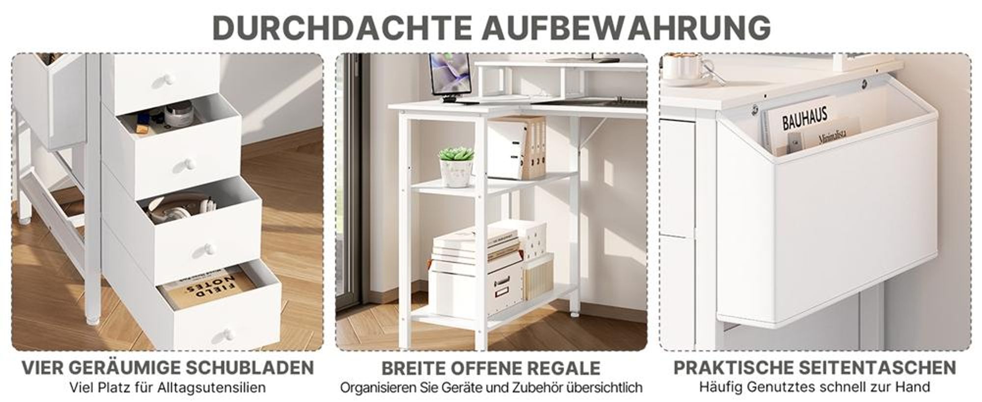 Yaheetech L-förmiger Computertisch, Schreibtisch mit Ladestation, umkehrbarer Gaming-Tisch, mit Monitorhalterung & Aufbewahrungstasche, Weiß