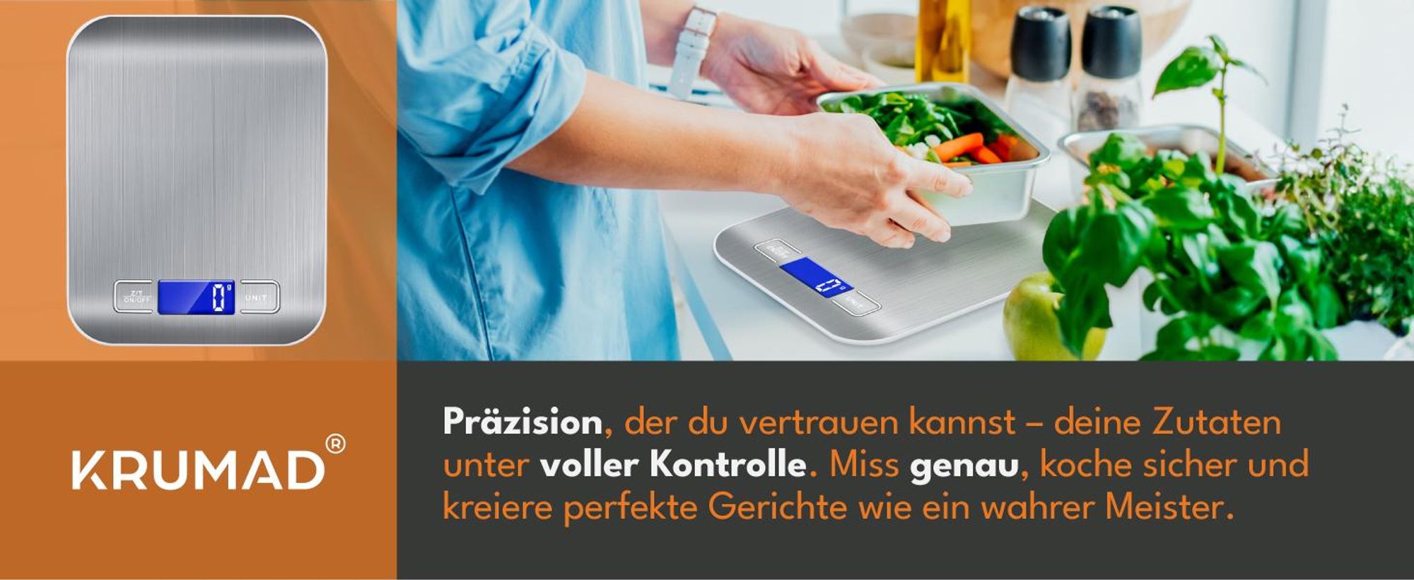 KRUMAD Digitale Küchenwaage 1 g–5 kg – Präzise Grammwaage mit Edelstahloberfläche & LCD Display – Kompakte Lebensmittelwaage für Küche, Backen, Kaffe