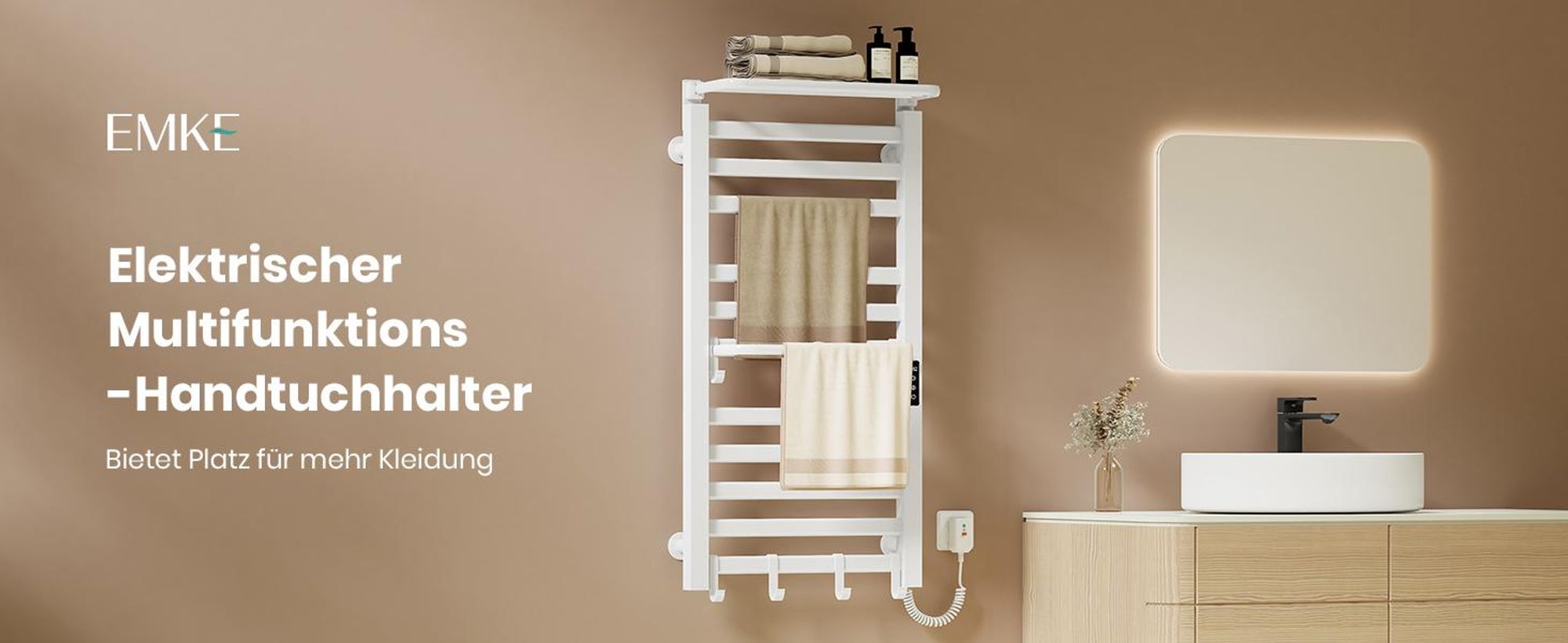 EMKE Handtuchwärmer Elektrisch WIFI Handtuchtrockner Doppelreihe Flachrohr mit Ablage & Haken 1000×500 mm 280W Tuya Alexa Weiß Glänzend