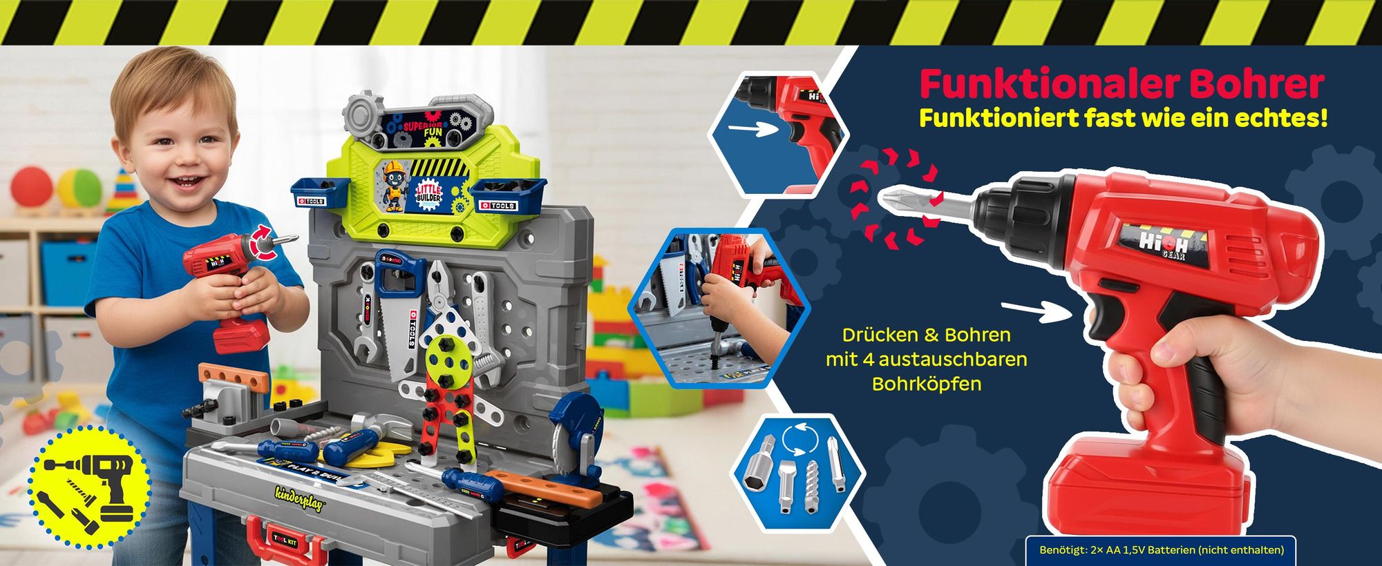 Kinder Werkbank Spielzeug mit Zubehör und Batteriebetriebener Bohrmaschine – Lernset für Kinder ab 3 Jahren
