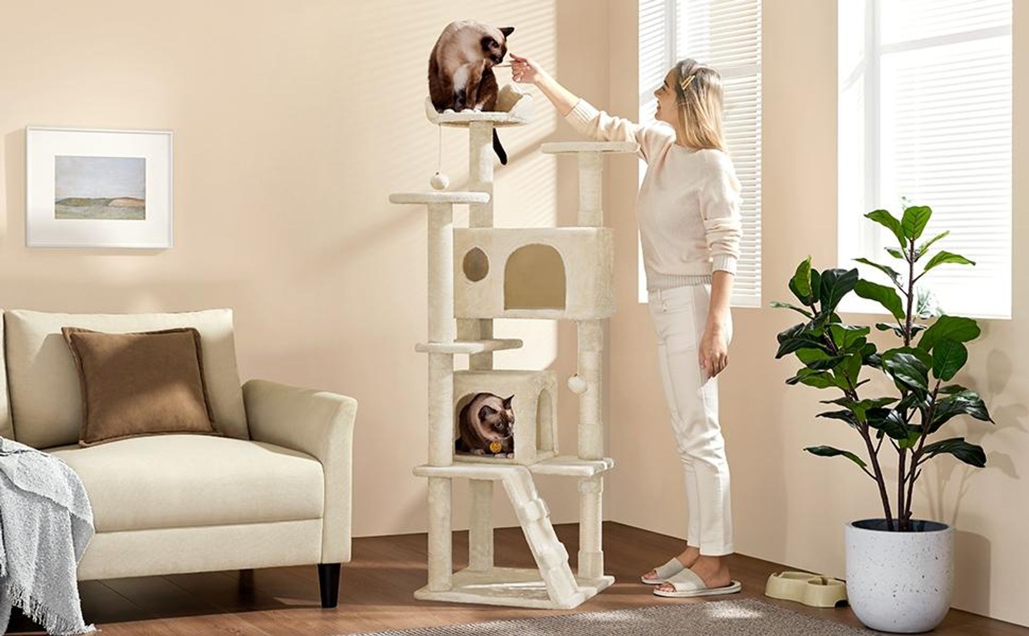 Yaheetech Kratzbaum Katzenbaum Stabiler Katzenkratzbaum Katzenmöbel, Kletterbaum für Katzen Höhe 158 cm, Beige
