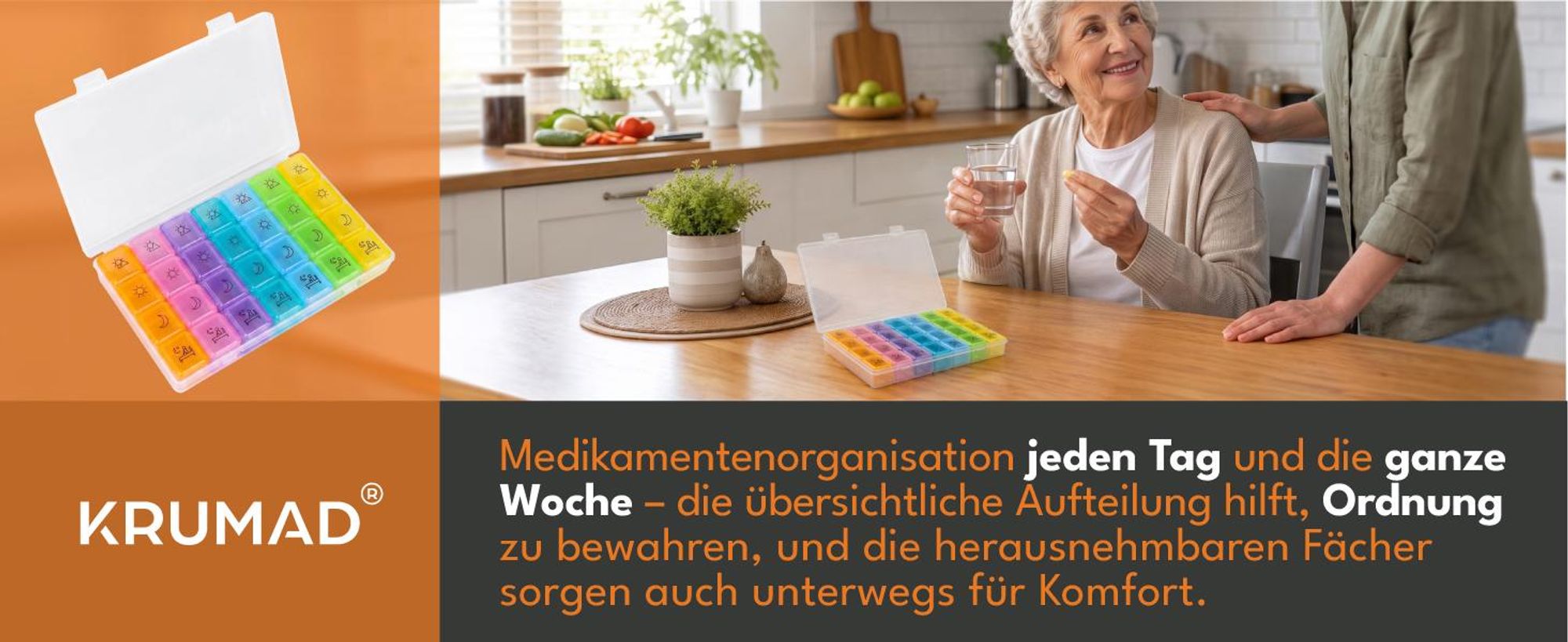 KRUMAD Tablettenbox 7 Tage mit 4 Fächern pro Tag, Medikamentenbox für morgens mittags abends, Pillendose Organizer für Medikamente und Vitamine