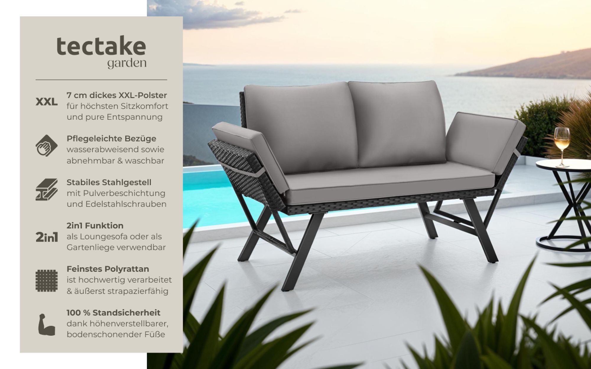 tectake® Rattan-Loungesofa Sintra 2in1 Funktion UV-beständiges und wetterfestes Geflecht
