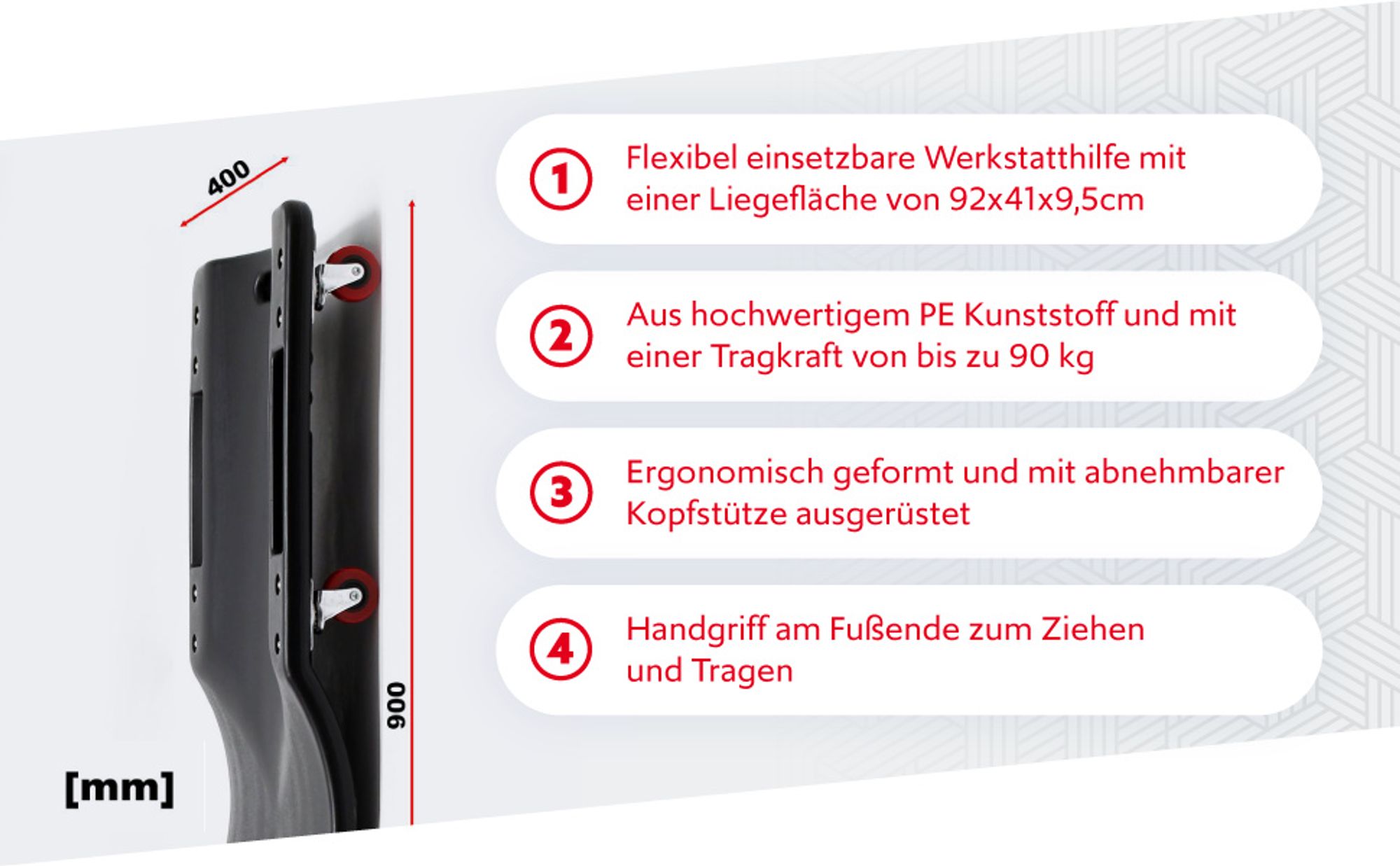 Wiltec Kfz Montageliege 90x40x9cm bis 90 kg aus Kunststoff, Rollbrett mit abnehmbarer Kopfstütze & Werkzeugfächern, Rollliege, Werkstattliege