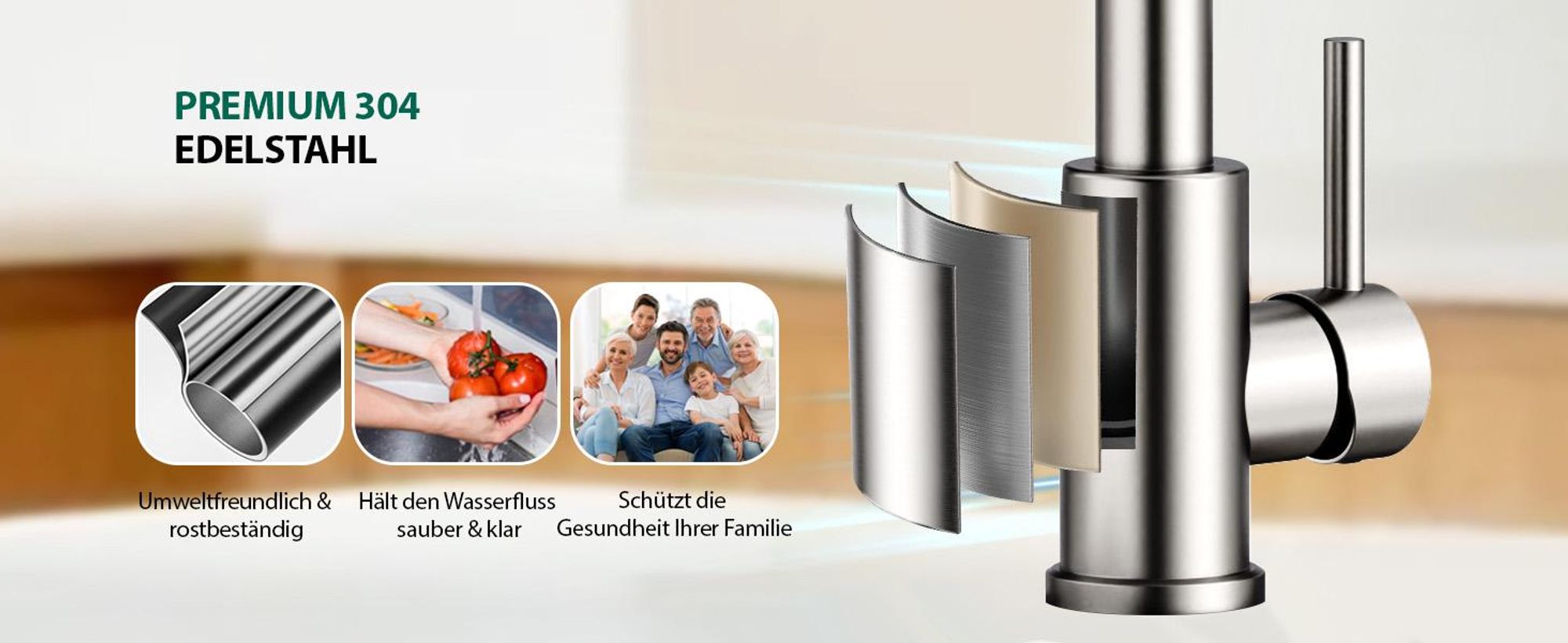 Homelody Wasserhahn Küche mit 2 Strahlarten,360° Drehbar Küchenarmatur,Edelstahl Spültischarmatur,Hochdruck Armatur,Mischbatterie Küche Matt Gebürstet