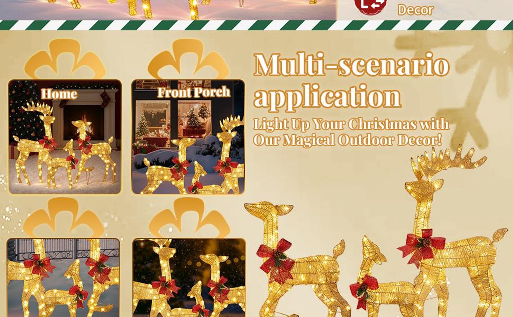 LEADZM 3-teiliges Weihnachtsbeleuchtung Rentier Goldenes, mit 270 LEDs, Weihnachten Deko für Außen und Innen, 65cm/88cm/120cm