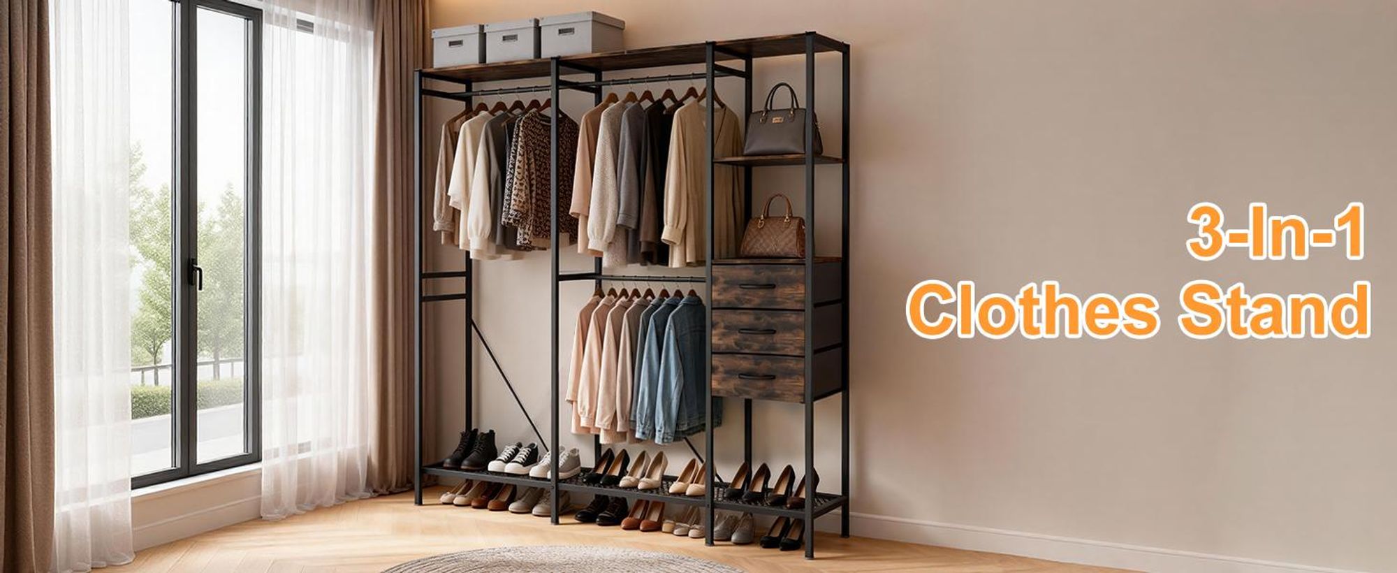 WISFOR Kleiderständer mit Schubladen, Schuhregal, offener Kleiderschrank mit Kleiderstange