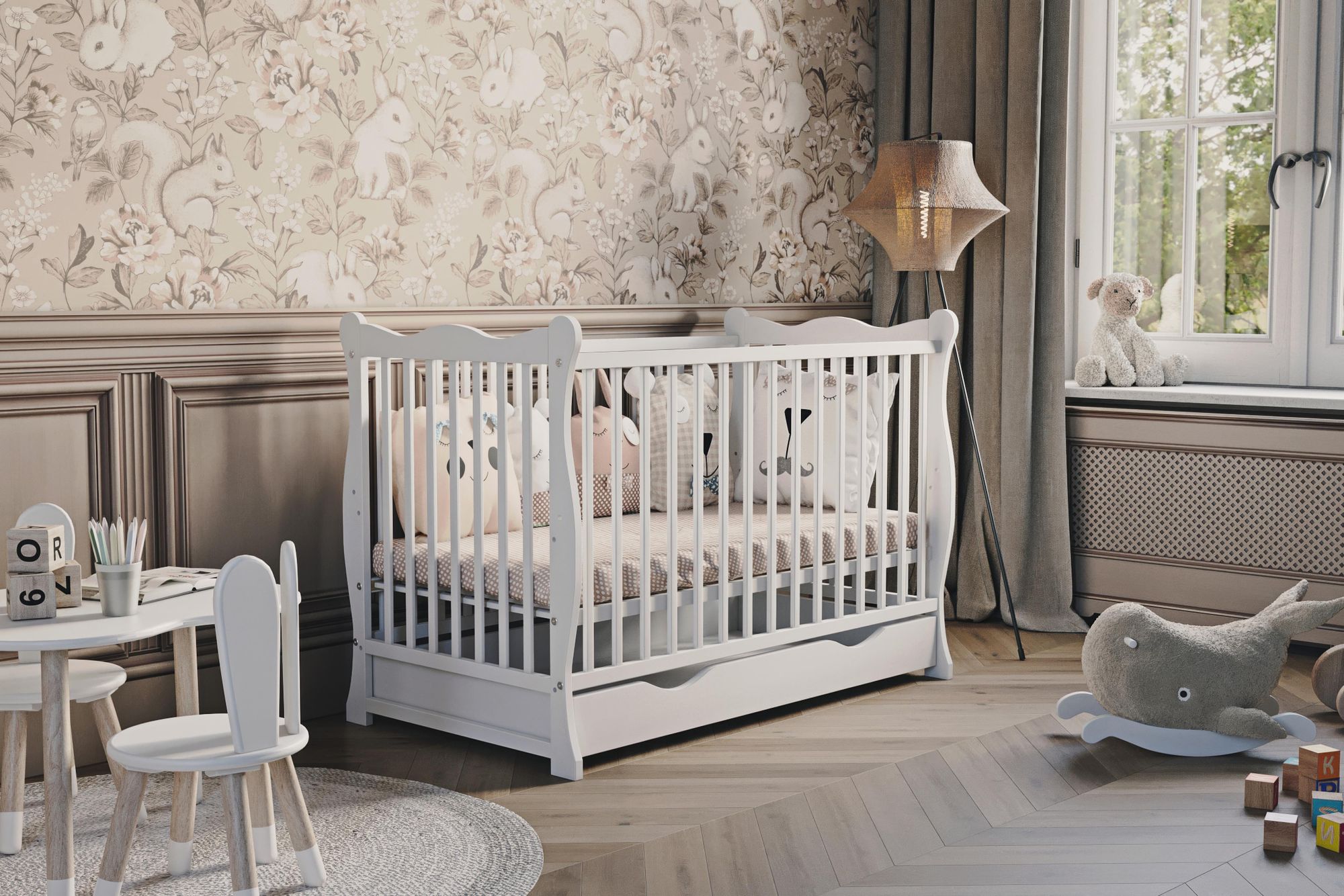 Lit bébé Julia 120x60 cm – blanc, avec barrière et tiroir, sans matelas