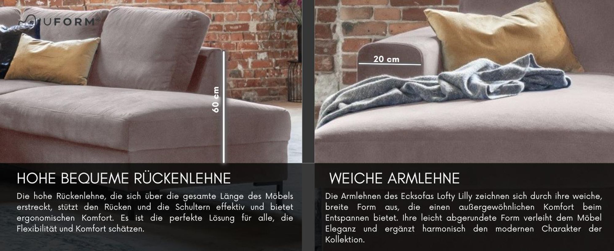 MIUFORM Lofty Lilly - Ecksofa mit Bettfunktion und Bettkasten U-FORM LINKS - 303 x 197 cm - Velours Dunkelbeige - Sofa Schlafsofa Couch