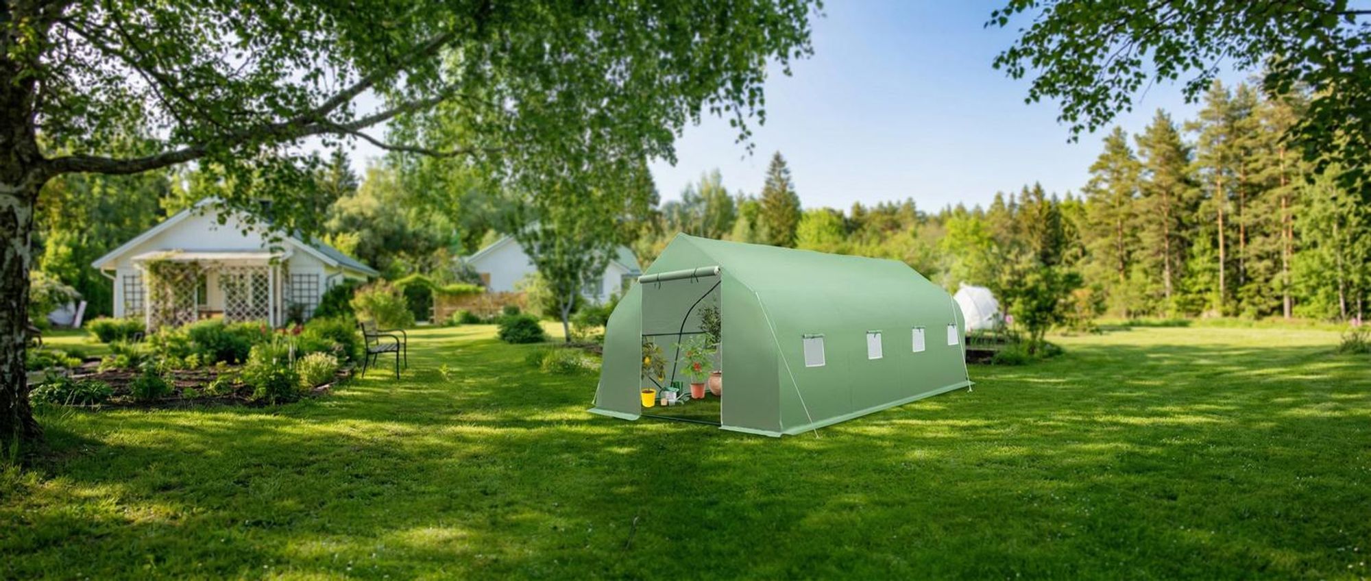 tectake® Foliengewächshaus 27 m³, in Zeltform mit 8 Fenstern 600 x 300 x 205 cm