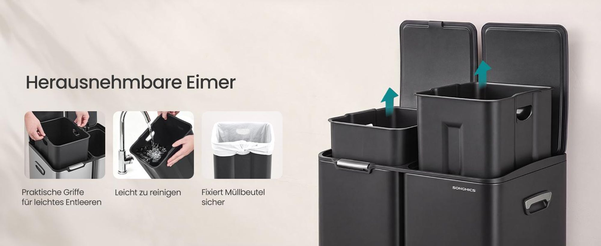 SONGMICS Mülltrennsystem Küche 60 L Tretmülleimer mit 3 Fächern 46,7 x 39 x 71,9 cm Schwarz
