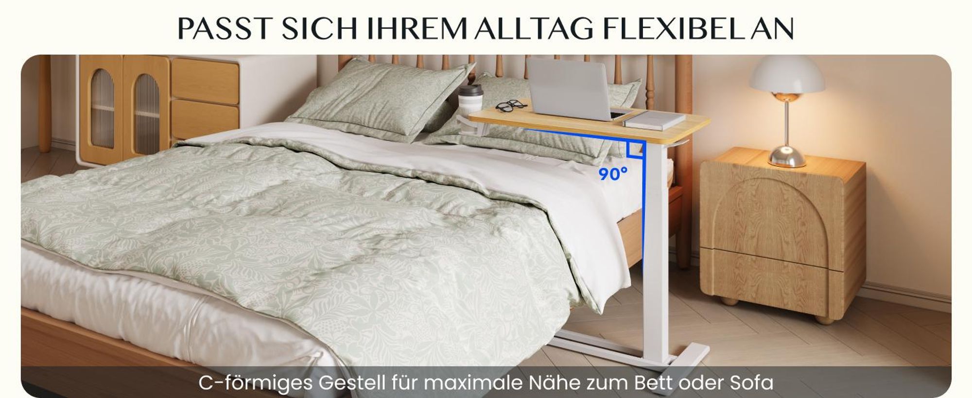 FLEXISPOT Schreibtisch, Beistelltisch Höhenverstellbar in C-Form, Laptoptisch mit Rollen, 66–106 cm, Nachttisch, für Bett und Sofa, Ahorn
