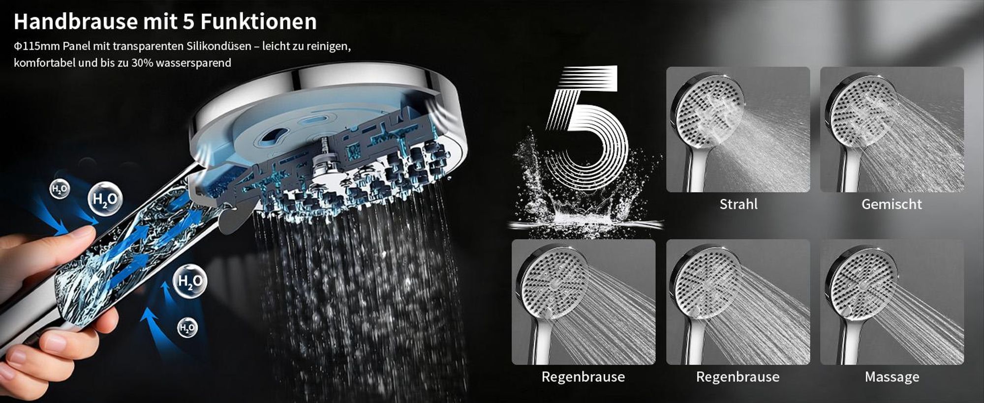 Homelody Duschsystem ohne Armatur, Duschset Duschsäule mit SUS 304 Edelstahl 30cm kopfbrause & Handbrause Rund, 3 Strahlarten, Chrom